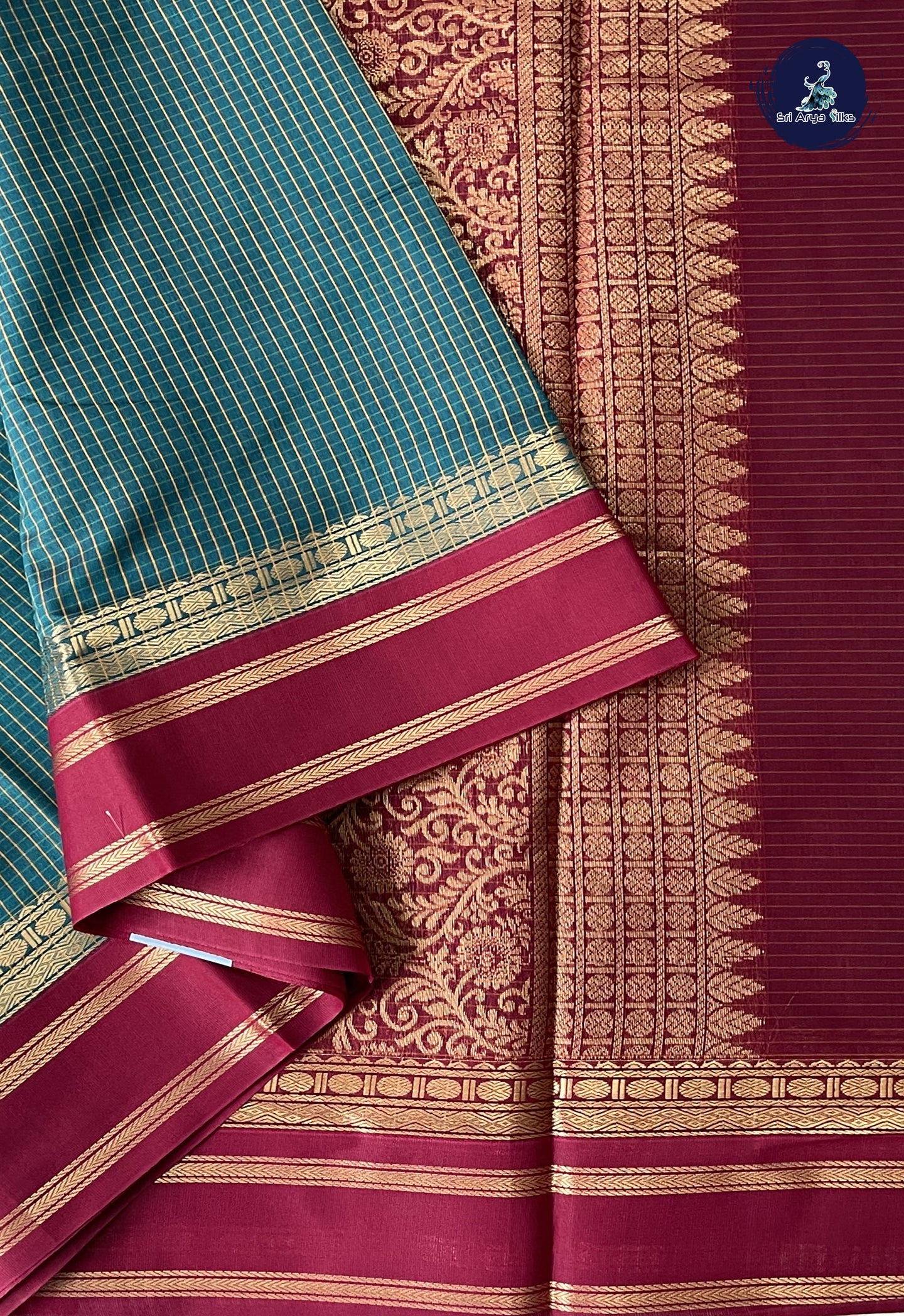 Sapphire Green Madisar Semi Silk Cotton Saree With Checked Pattern