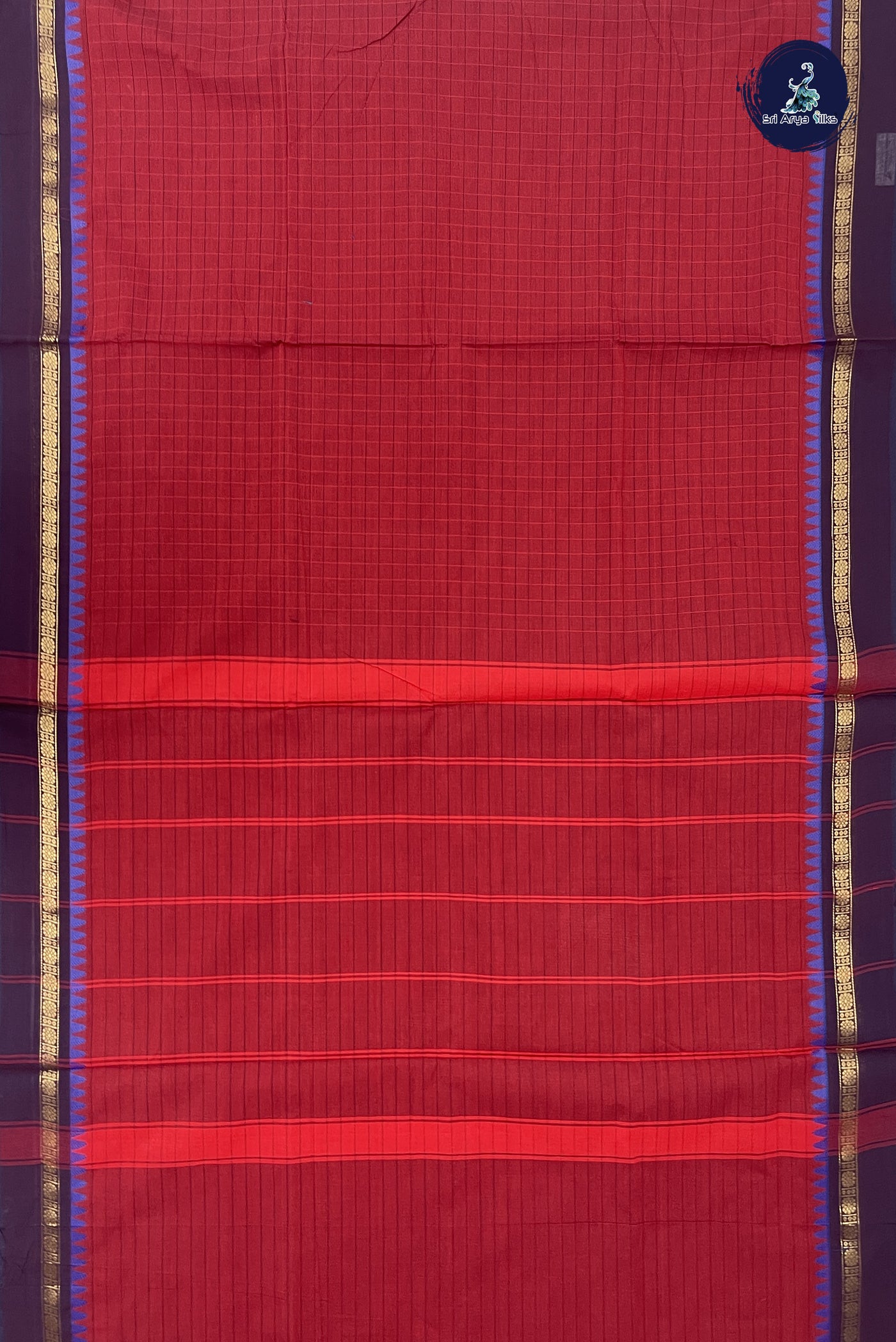 Maroon 10 Yards Madisar Cotton Saree With Checked Pattern
