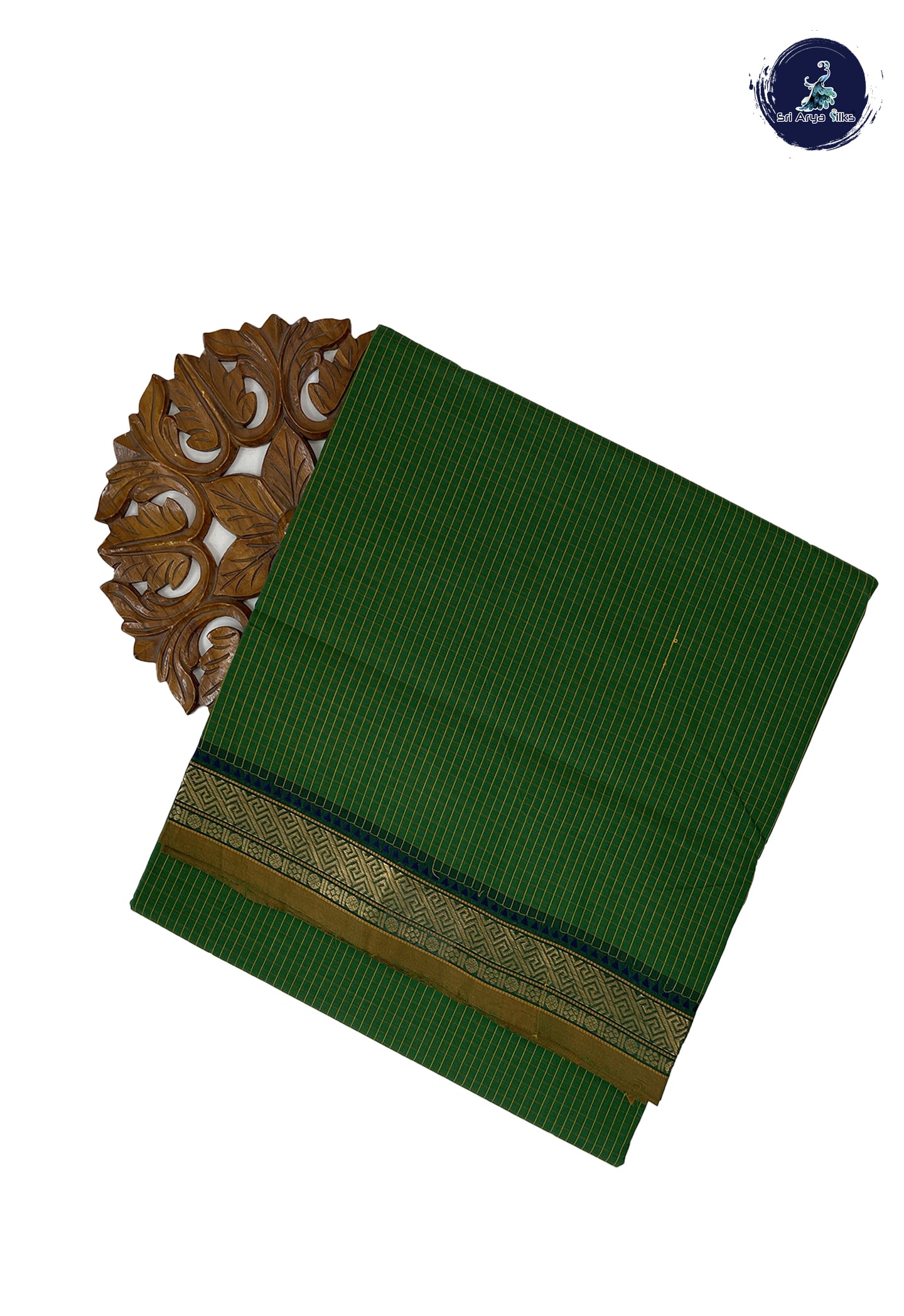 Dark Green 10 Yards Madisar Cotton Saree With Checked Pattern