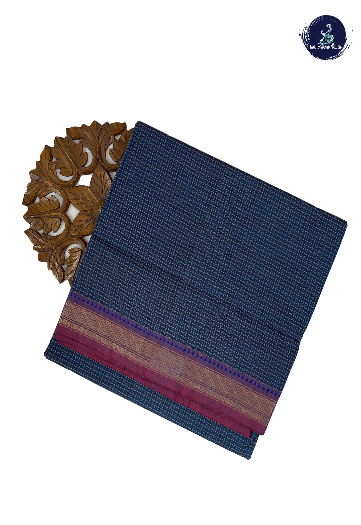 Blue 10 Yards Madisar Cotton Saree With Checked Pattern