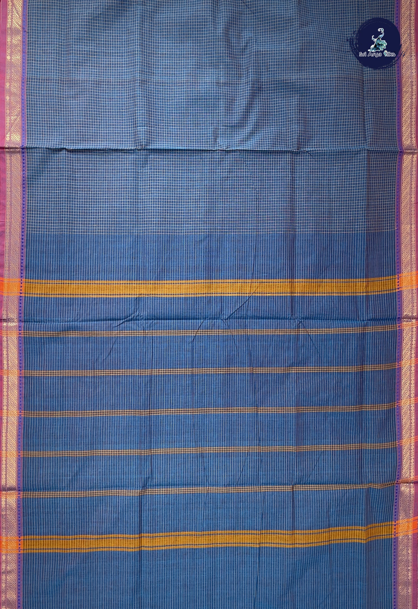 Blue 10 Yards Madisar Cotton Saree With Checked Pattern