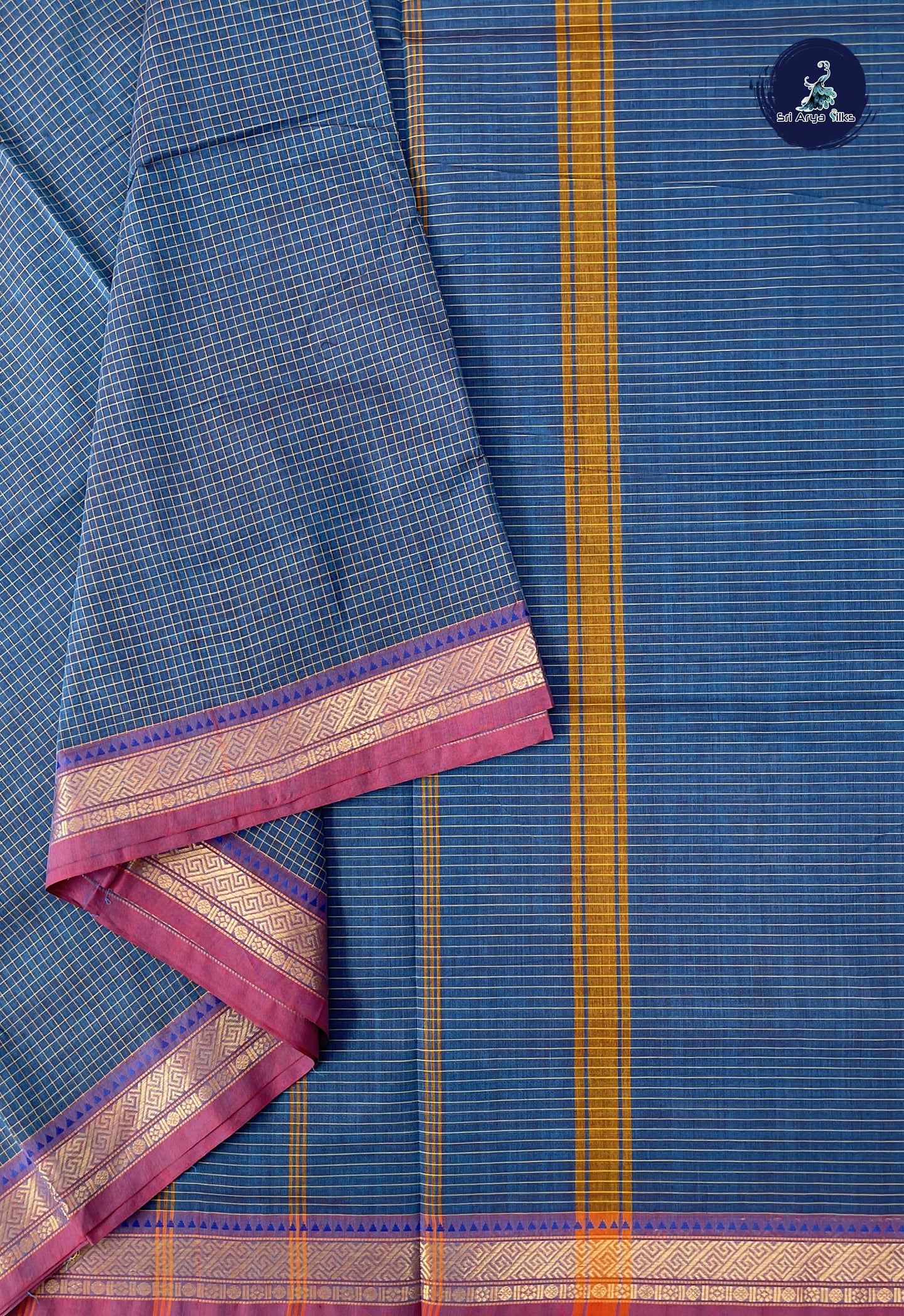 Blue 10 Yards Madisar Cotton Saree With Checked Pattern
