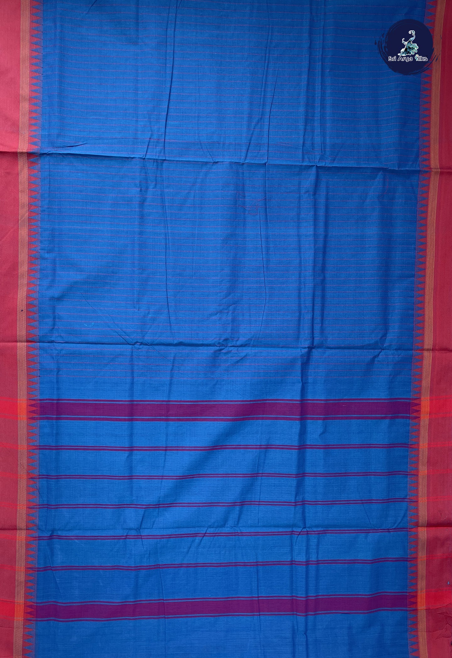 Dark Blue 10 Yards Madisar Cotton Saree With Stripes Pattern