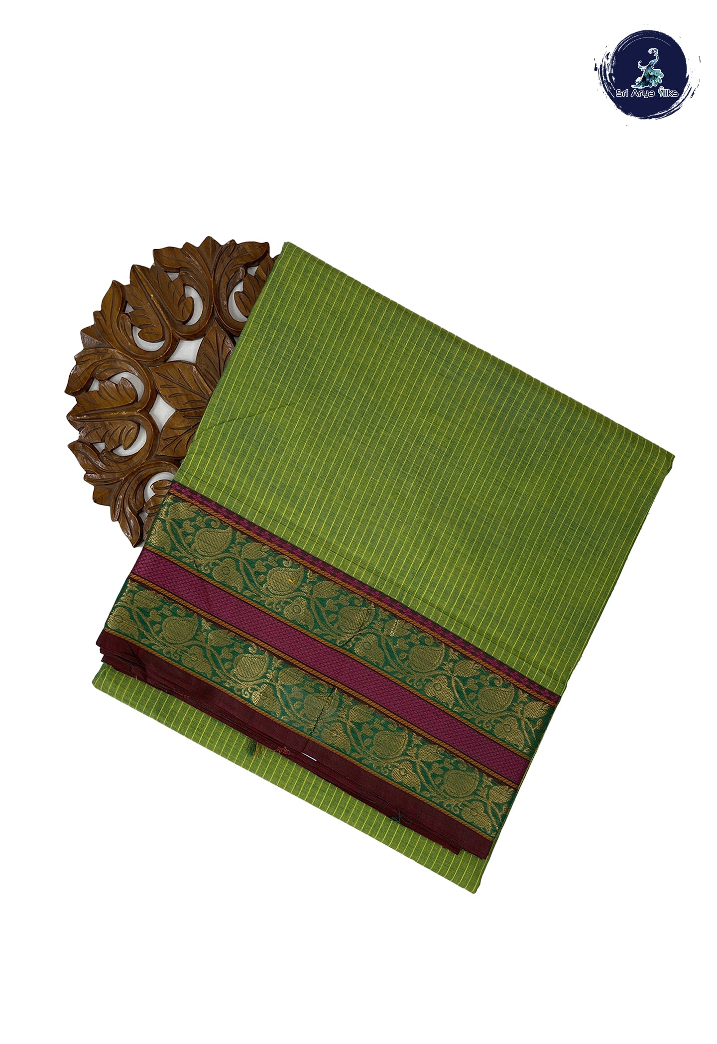 Light Green 10 Yards Madisar Cotton Saree With Stripes Pattern