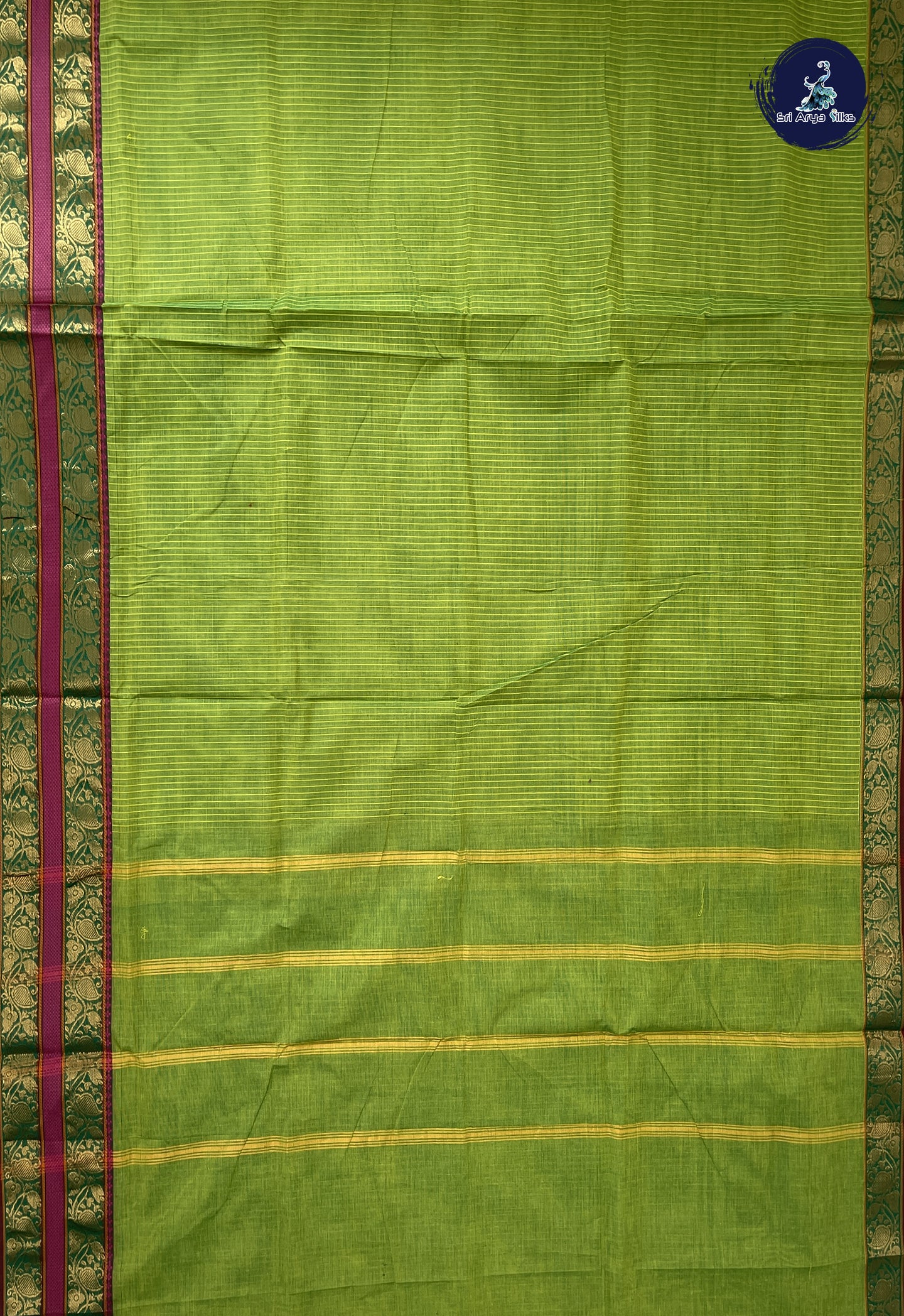 Light Green 10 Yards Madisar Cotton Saree With Stripes Pattern