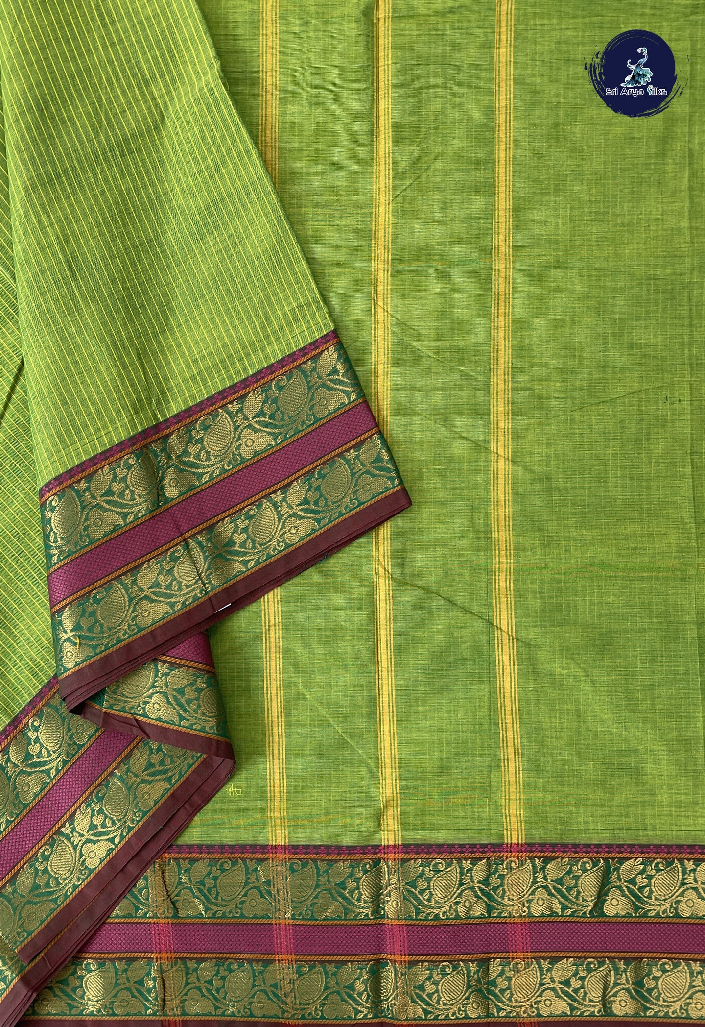 Light Green 10 Yards Madisar Cotton Saree With Stripes Pattern