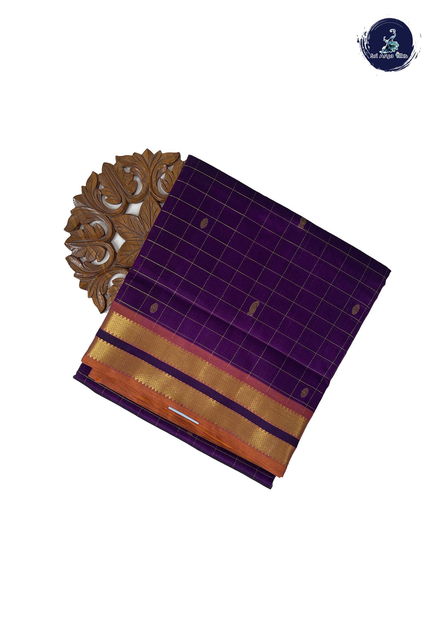Dark Brinjal 10 Yards Silk Cotton Saree With Zari Checked Pattern