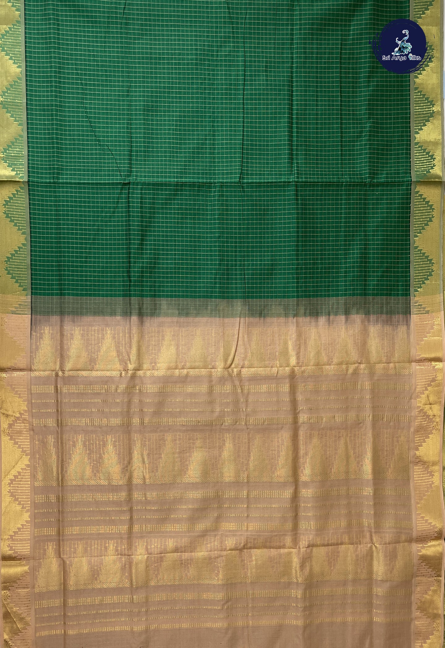 Dark Green Madisar Semi Silk Cotton Saree With Checked Pattern