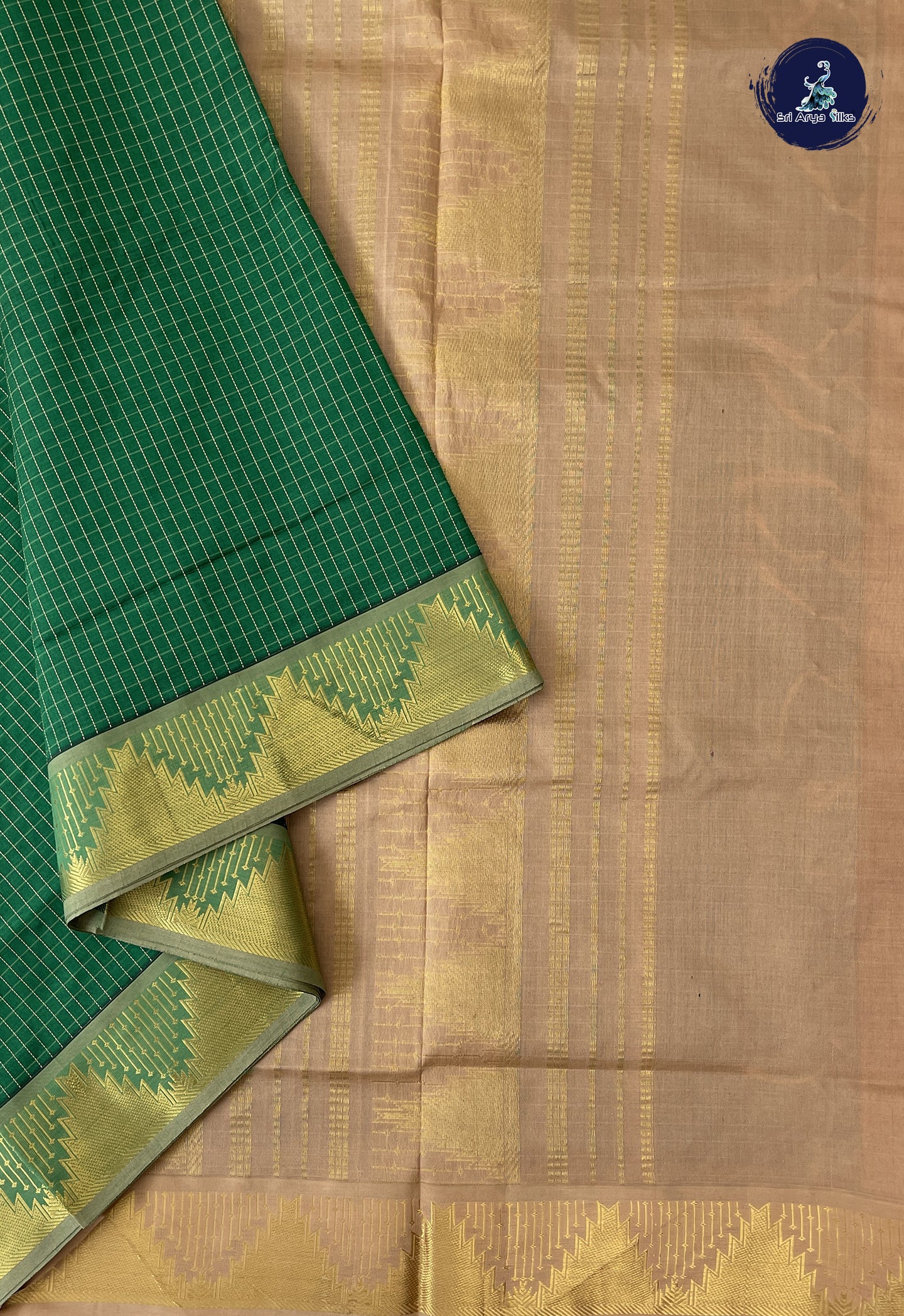 Dark Green Madisar Semi Silk Cotton Saree With Checked Pattern