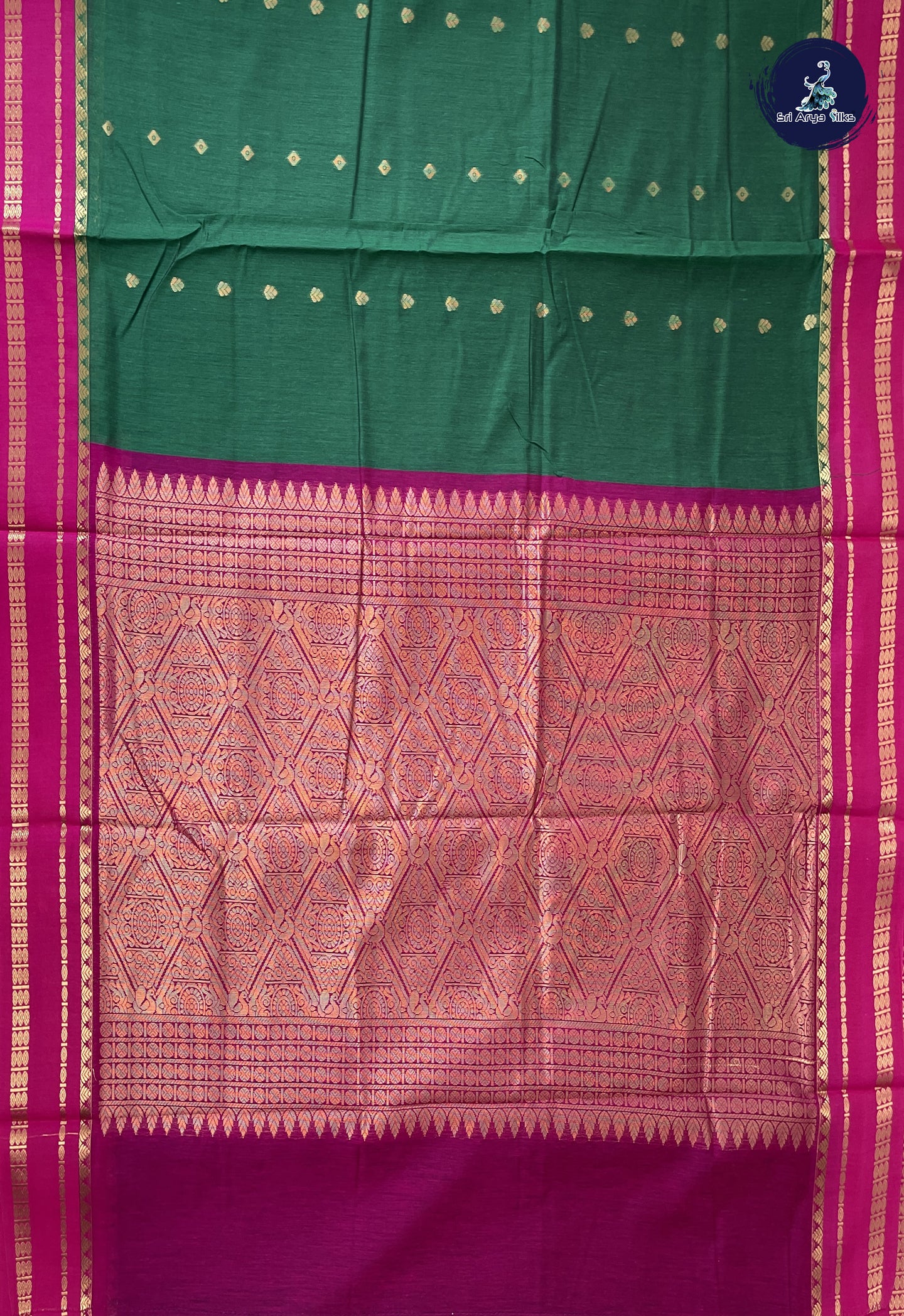 Dark Green Madisar Semi Silk Cotton Saree With Zari Buttas Pattern
