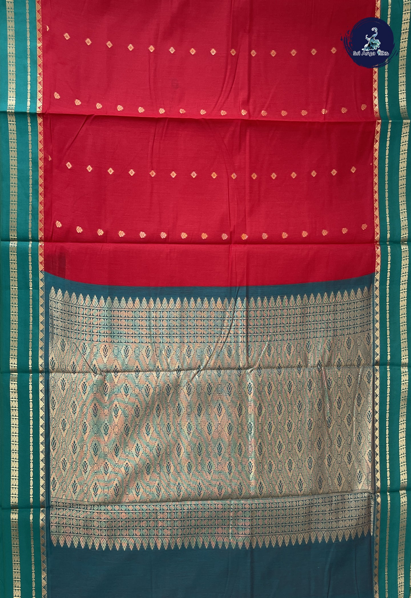 Red Madisar Semi Silk Cotton Saree With Zari Buttas Pattern