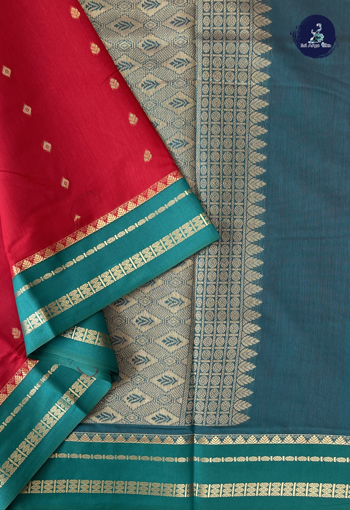 Red Madisar Semi Silk Cotton Saree With Zari Buttas Pattern