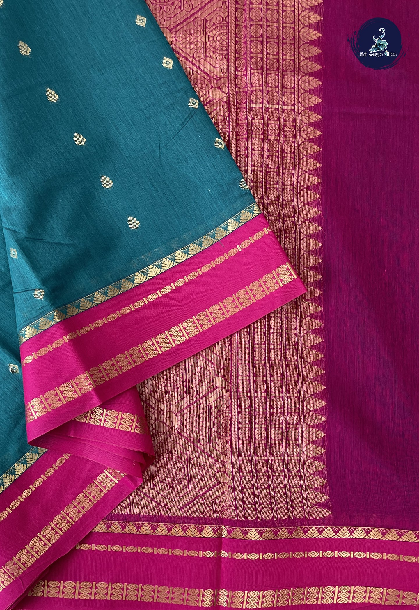 Sapphire Green Madisar Semi Silk Cotton Saree With Zari Buttas Pattern