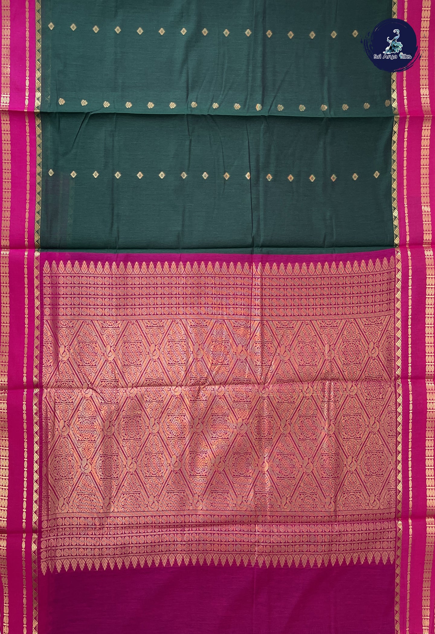 Dark Green Madisar Semi Silk Cotton Saree With Zari Buttas Pattern