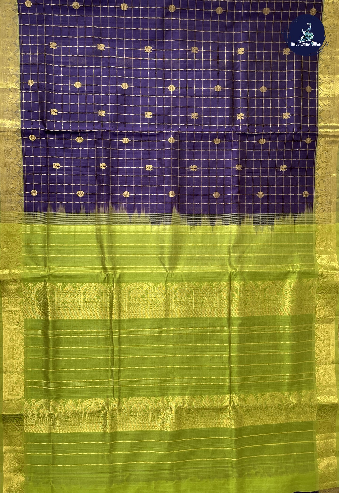 Dark Blue 10 Yards Silk Cotton Saree With Zari Checked Pattern