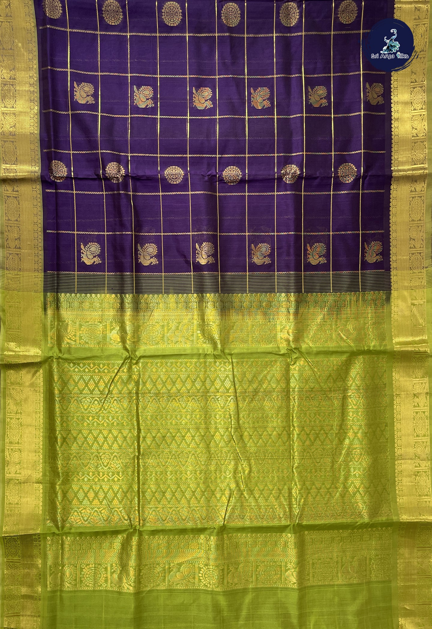 Dark Blue 10 Yards Silk Cotton Saree With Zari Checked Pattern