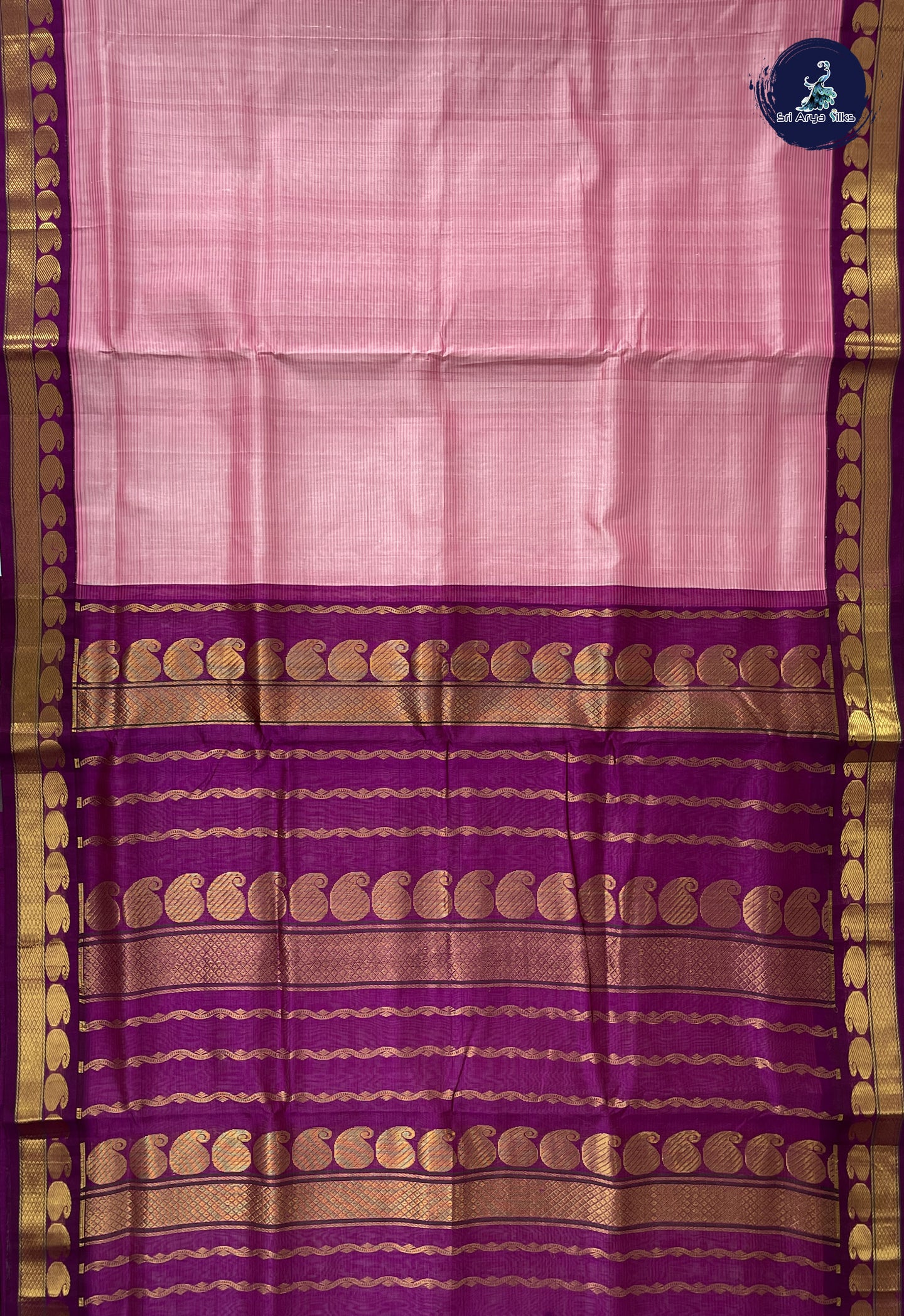 Lotus Pink 10 Yards Silk Cotton Saree With Doria Lines Pattern