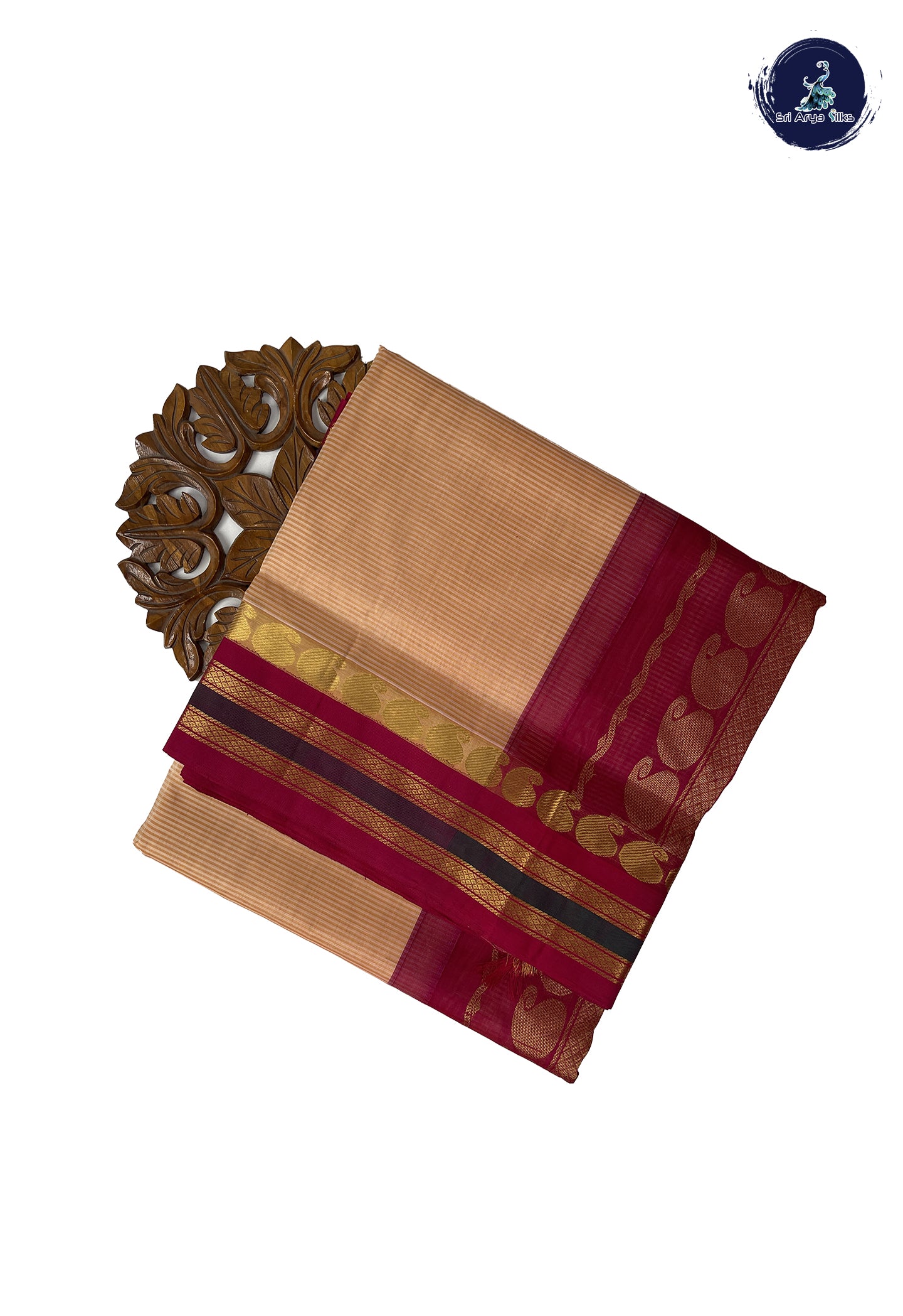Peach 10 Yards Silk Cotton Saree With Doria Lines Pattern