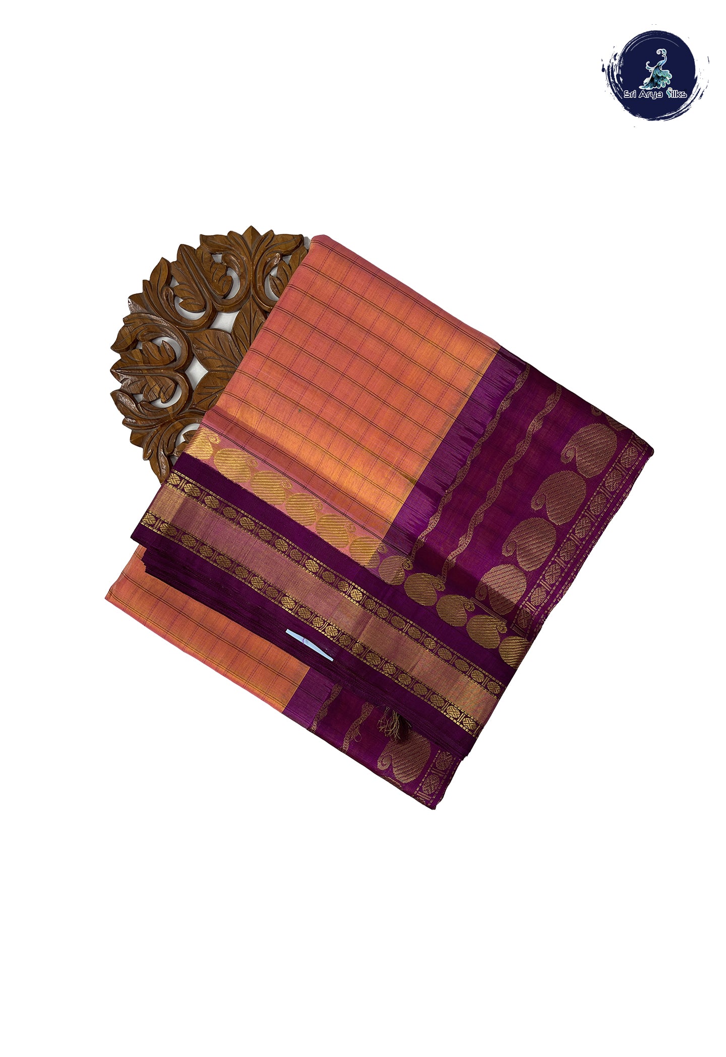 Peach 10 Yards Silk Cotton Saree With Checked Pattern