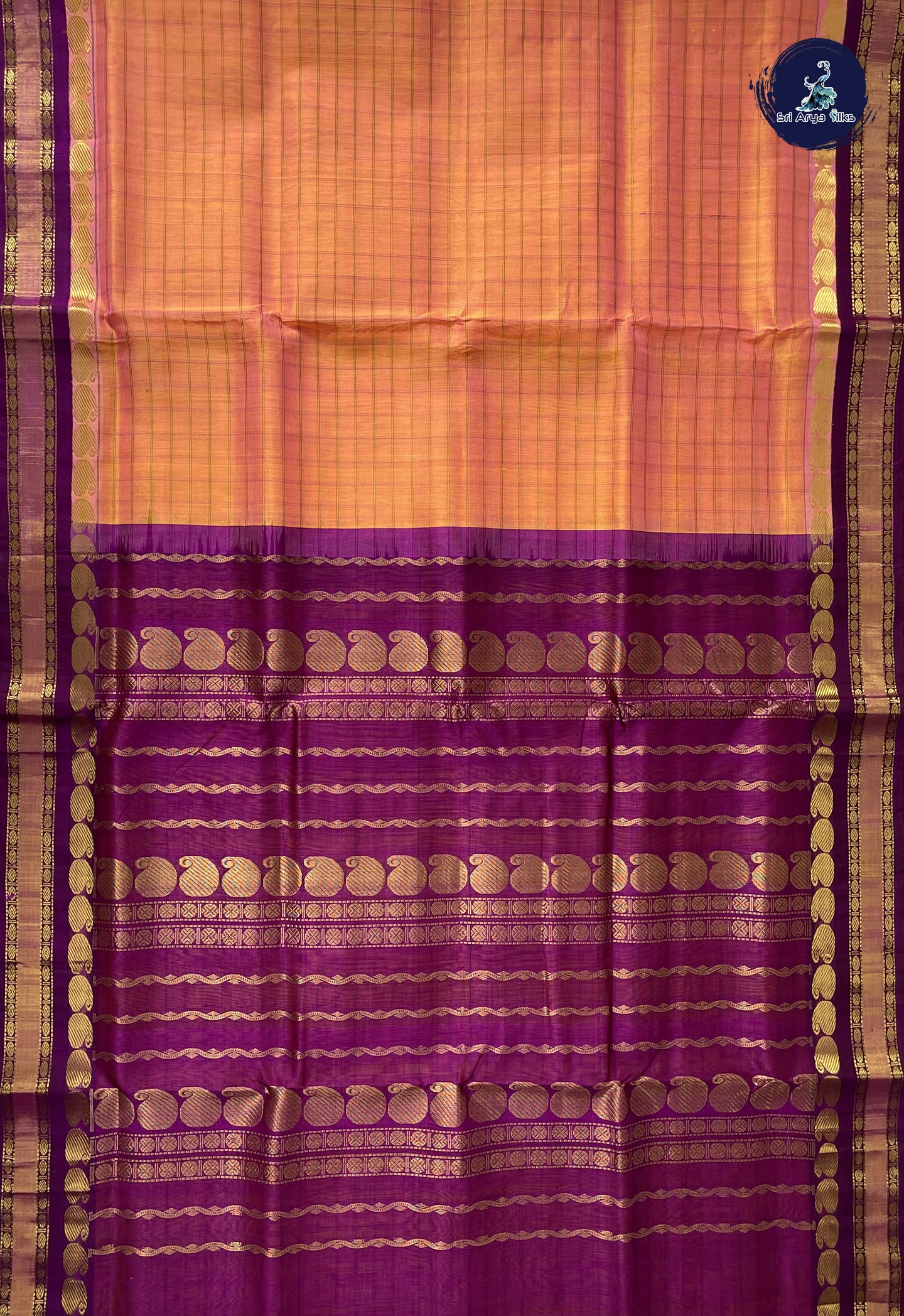 Peach 10 Yards Silk Cotton Saree With Checked Pattern
