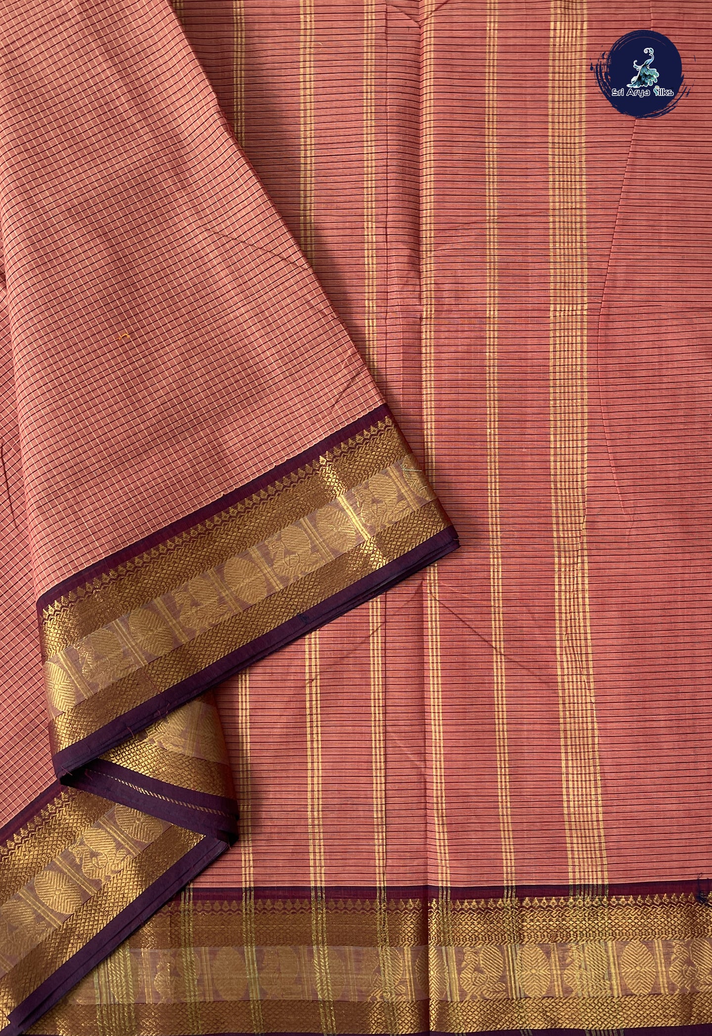 Peach 10.5 Yards Madisar Saree With Checked Pattern