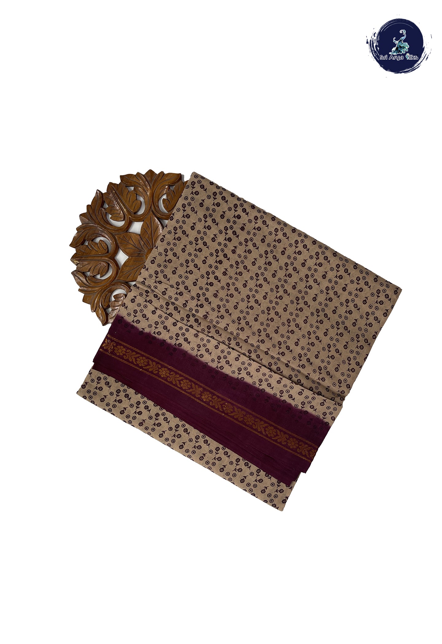 Light Brown Sugundi Cotton Madisar Saree With Printed Pattern