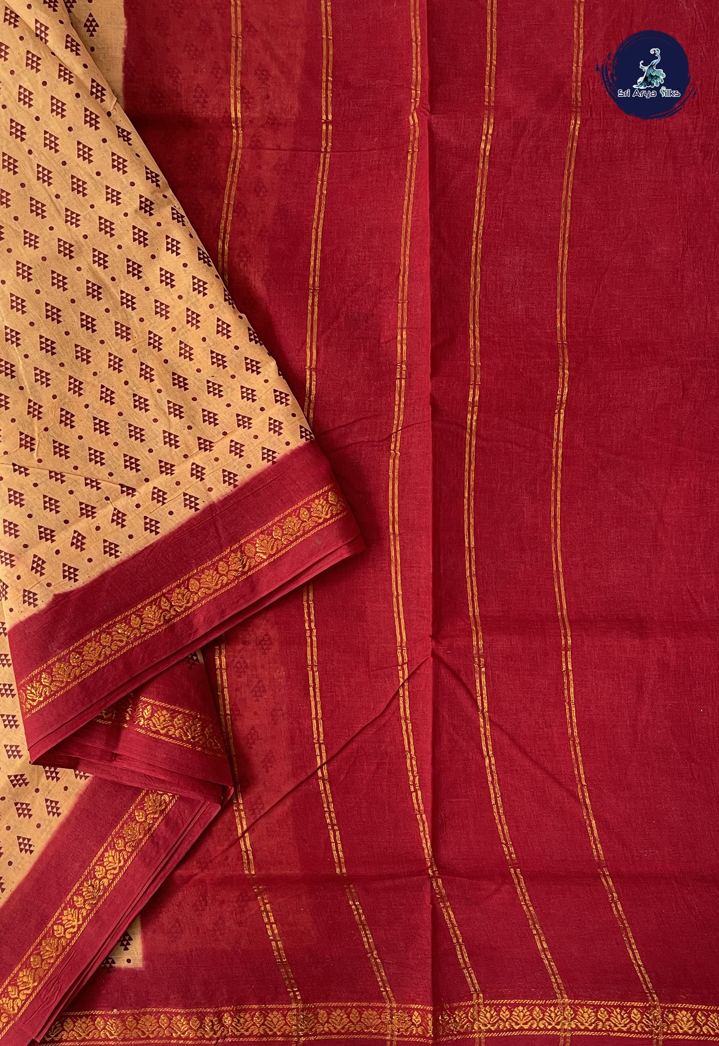 Fawn Sugundi Cotton Madisar Saree With Printed Pattern