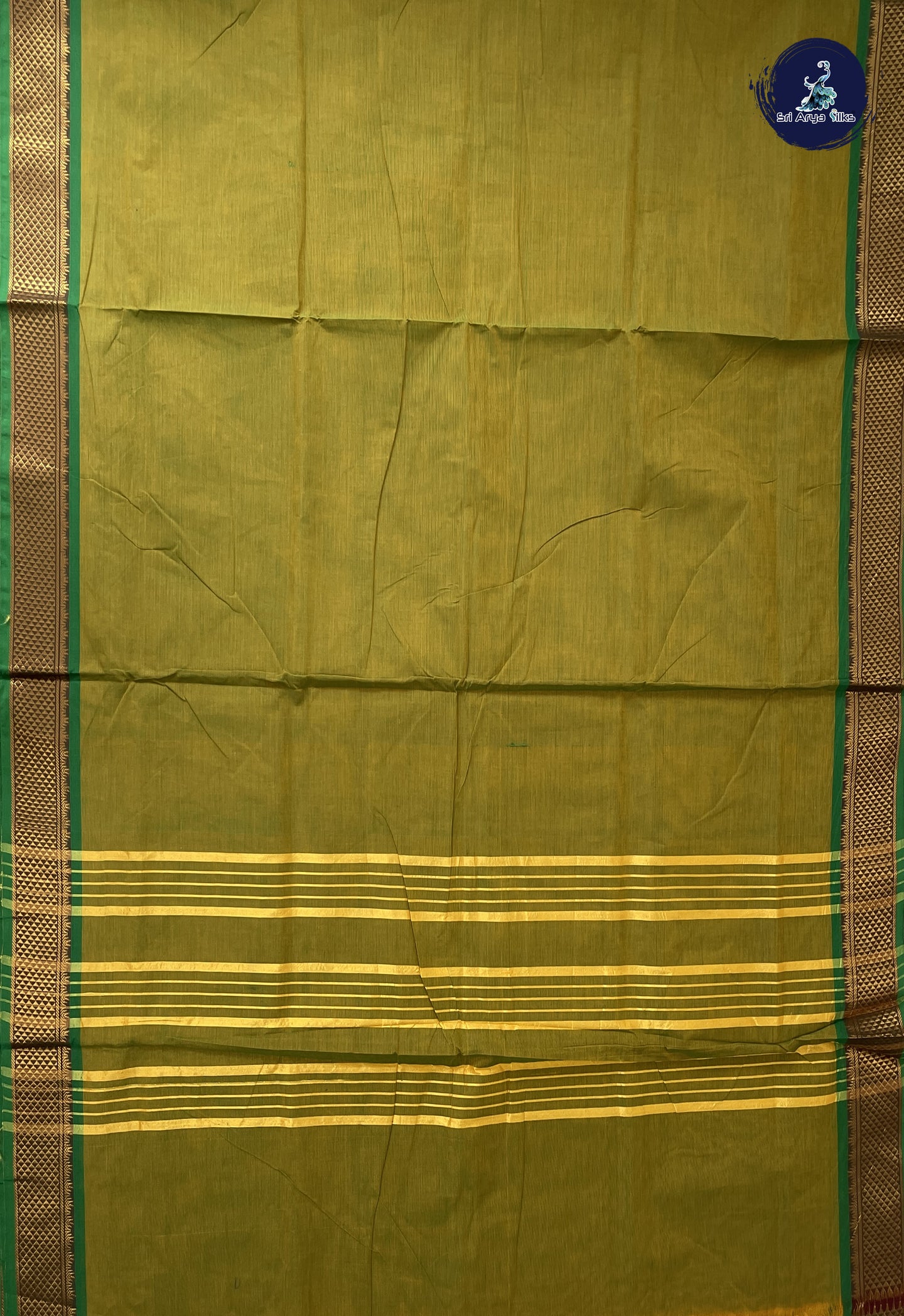 Yellowish Green 10 Yards Madisar Cotton Saree With Plain Pattern