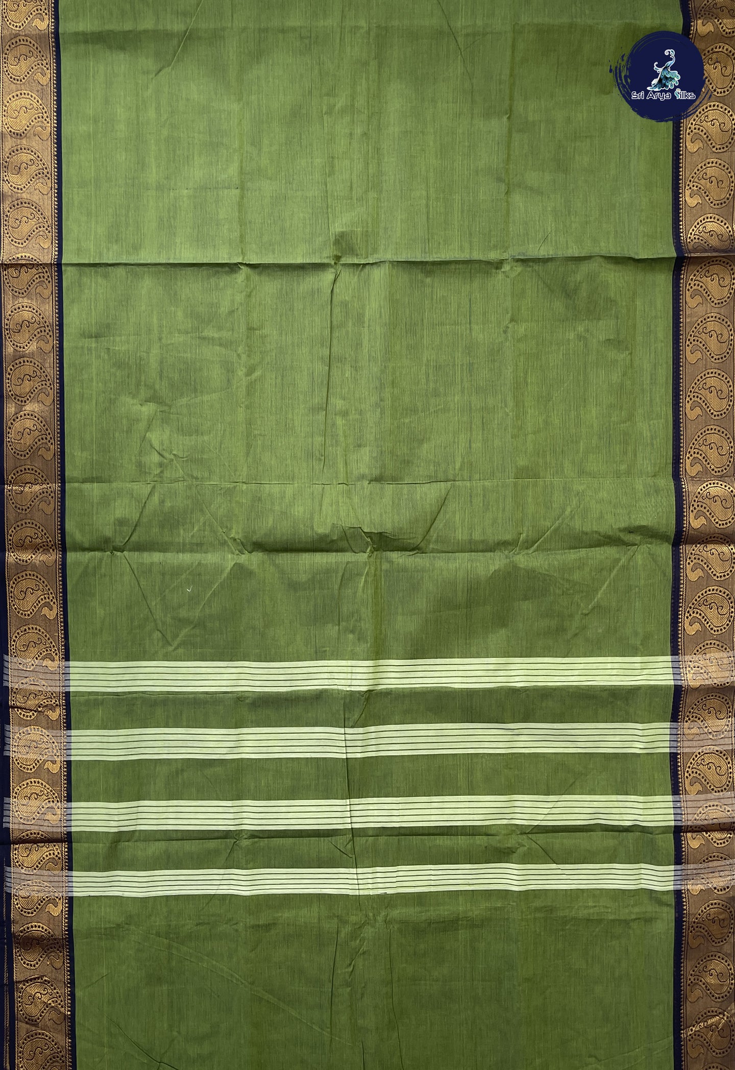 Green 10 Yards Madisar Cotton Saree With Plain Pattern