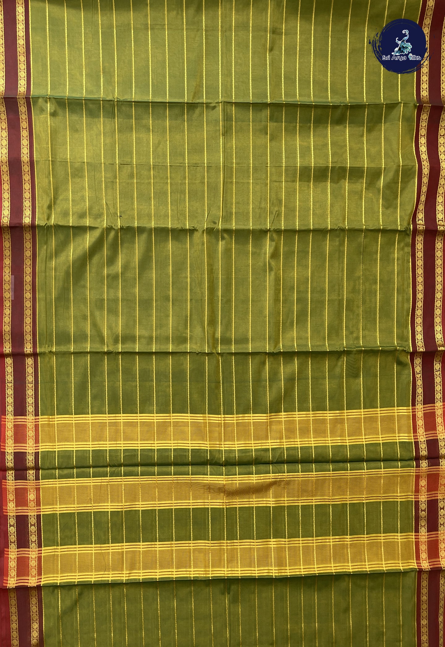 Dual Tone Green Devendra Cotton Madisar Saree With Veldhari Stripes Pattern