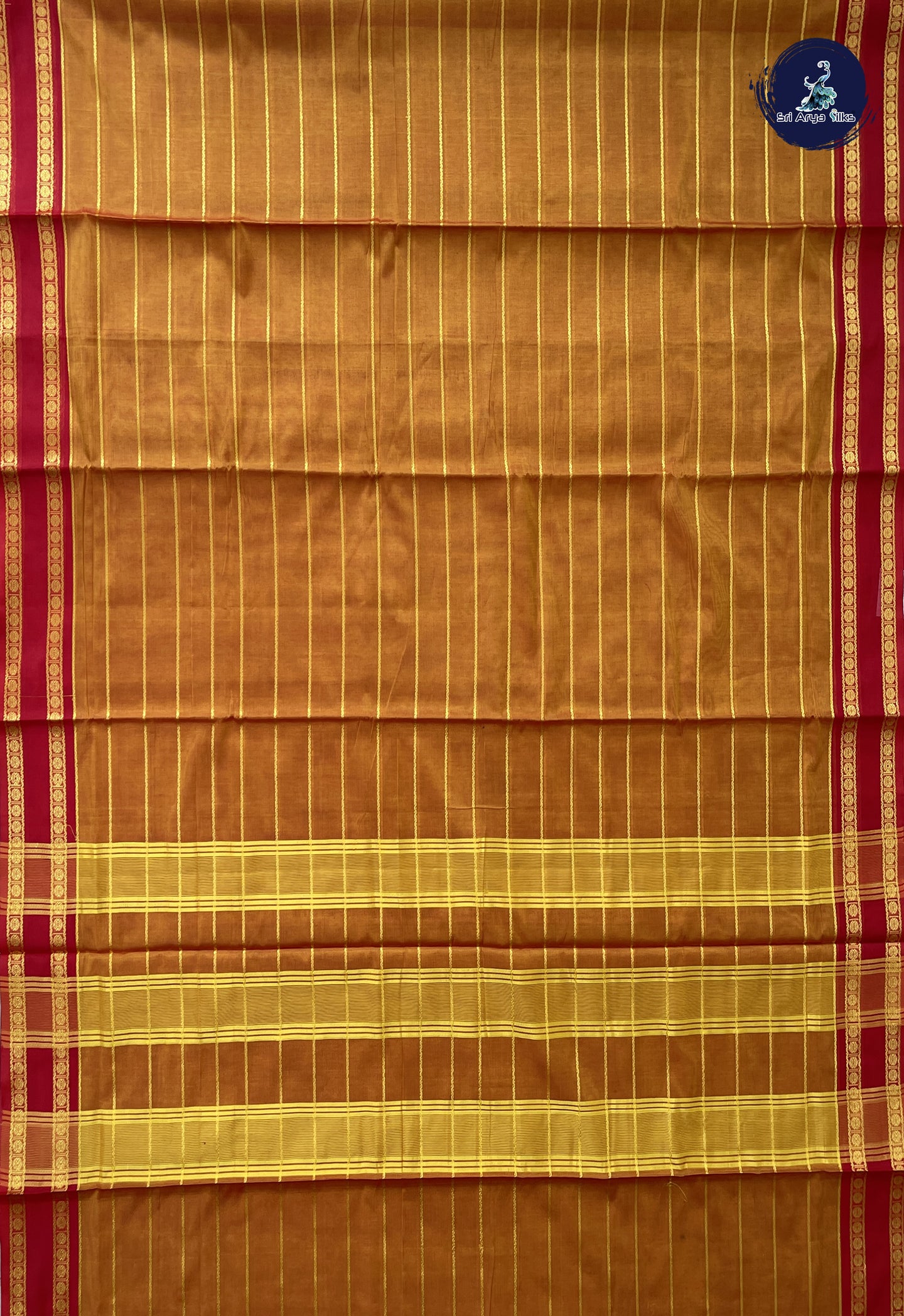 Lite Mustard Orange Devendra Cotton Madisar Saree With Veldhari Stripes Pattern