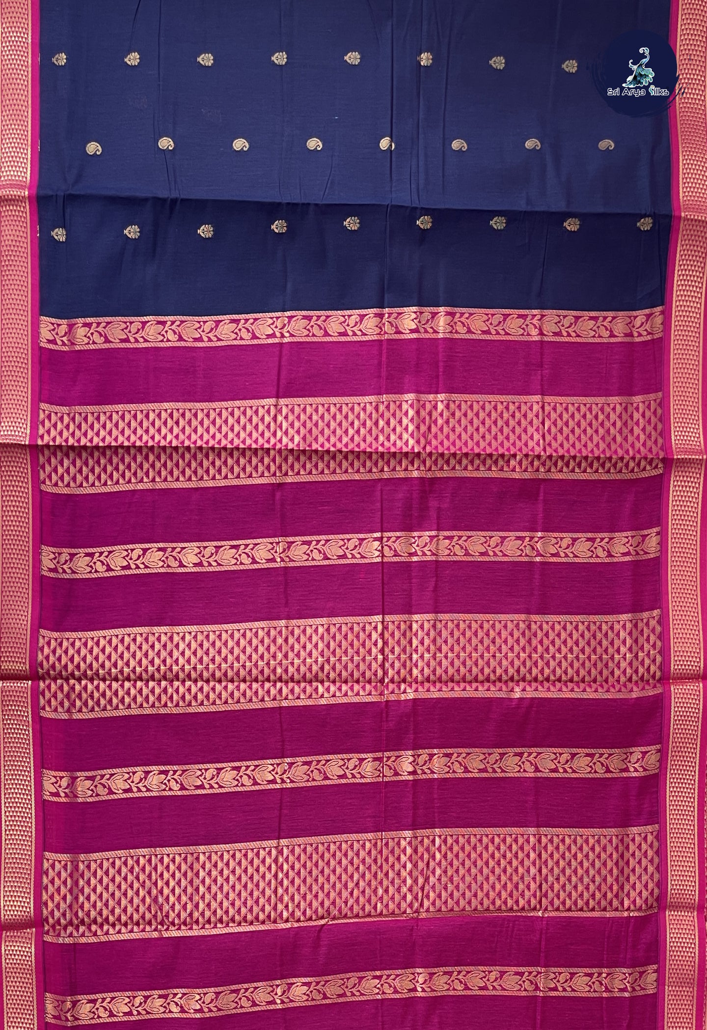 Navy Blue Madisar Semi Silk Cotton Saree With Zari Buttas Pattern