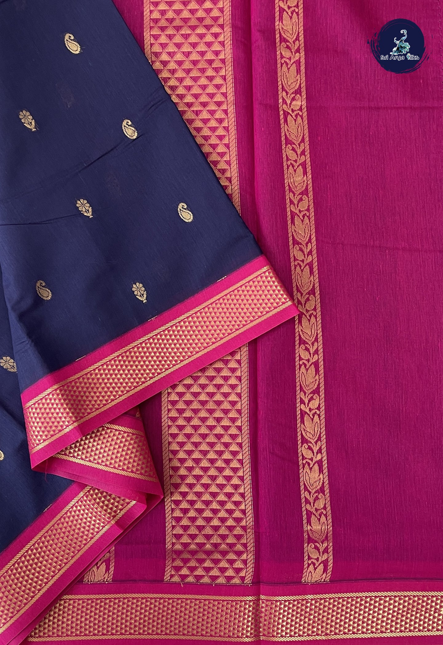 Navy Blue Madisar Semi Silk Cotton Saree With Zari Buttas Pattern