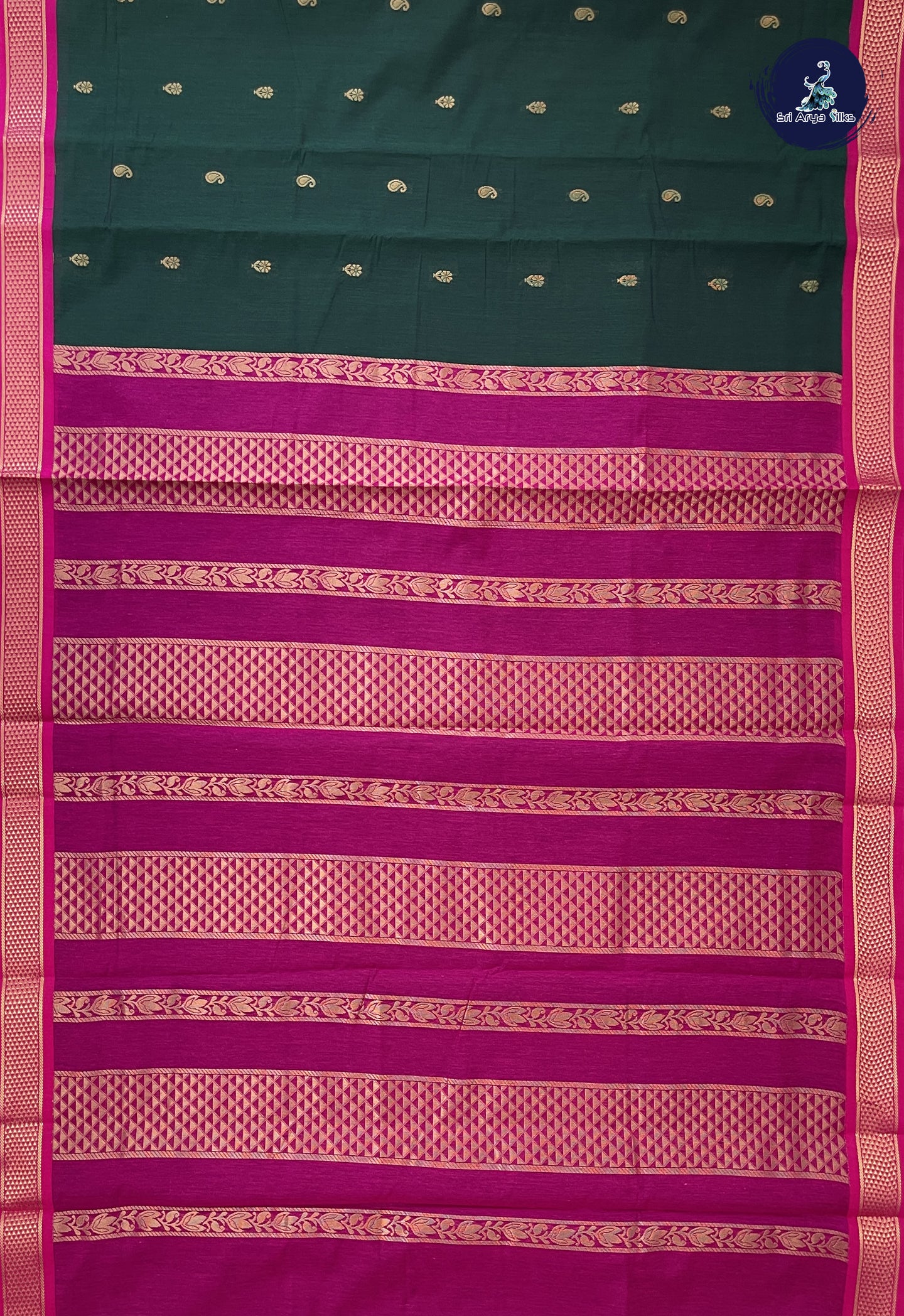 Bottle Green Madisar Semi Silk Cotton Saree With Zari Buttas Pattern