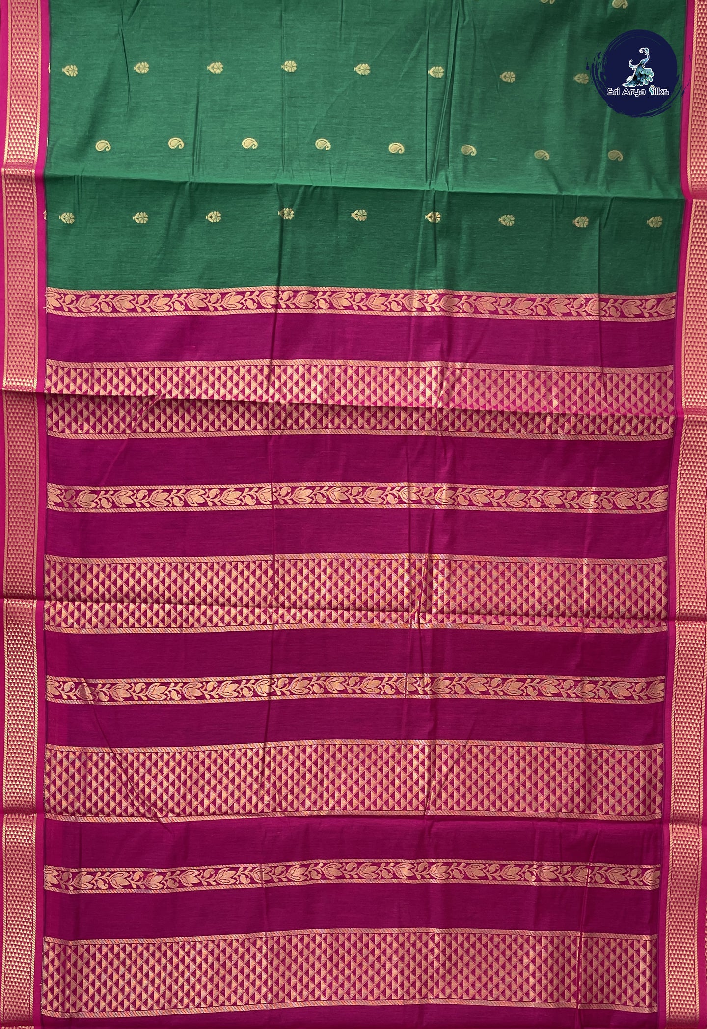 Dark Green Madisar Semi Silk Cotton Saree With Zari Buttas Pattern