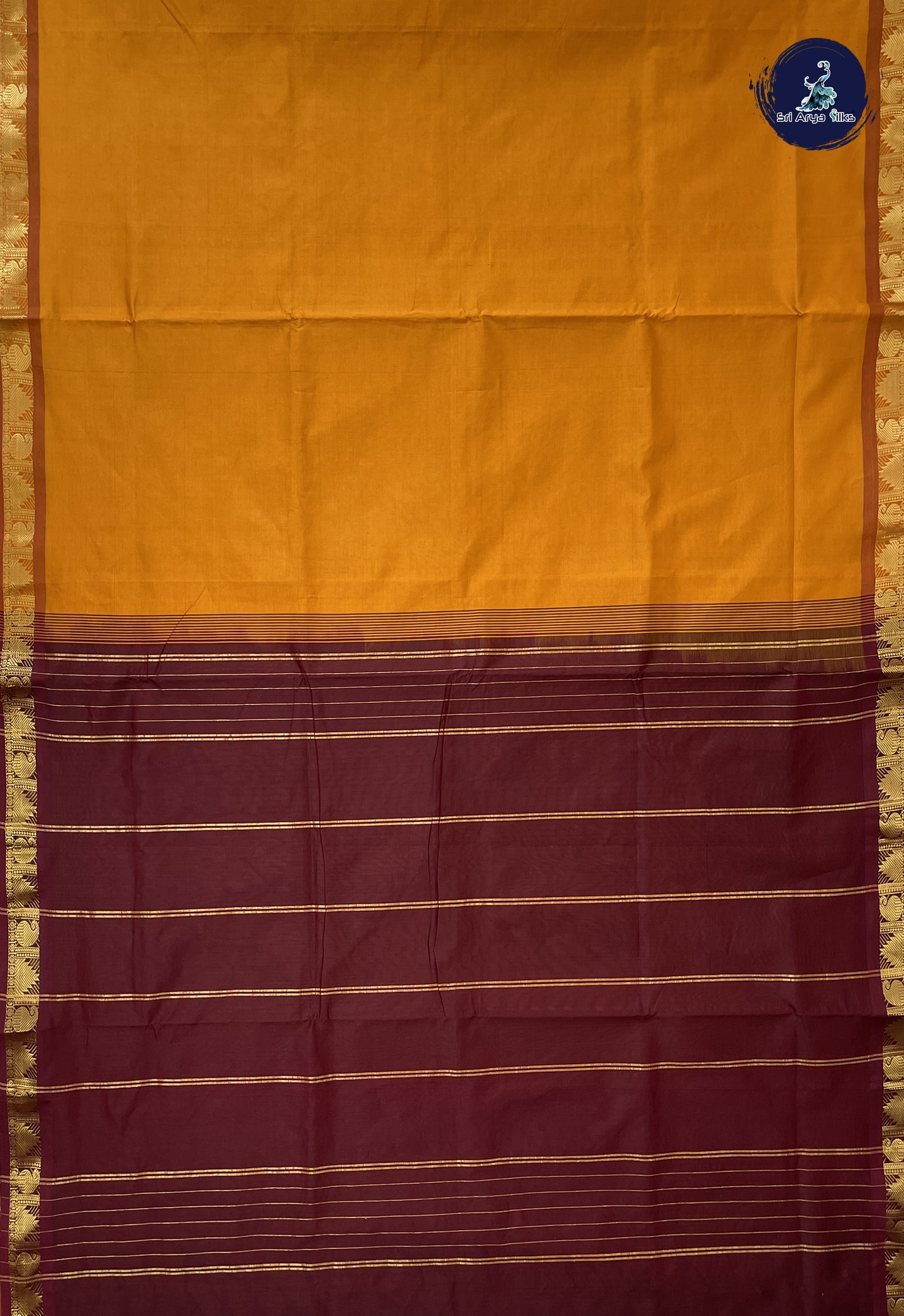 Mustard Yellow Madisar Semi Silk Cotton Saree With Plain Pattern
