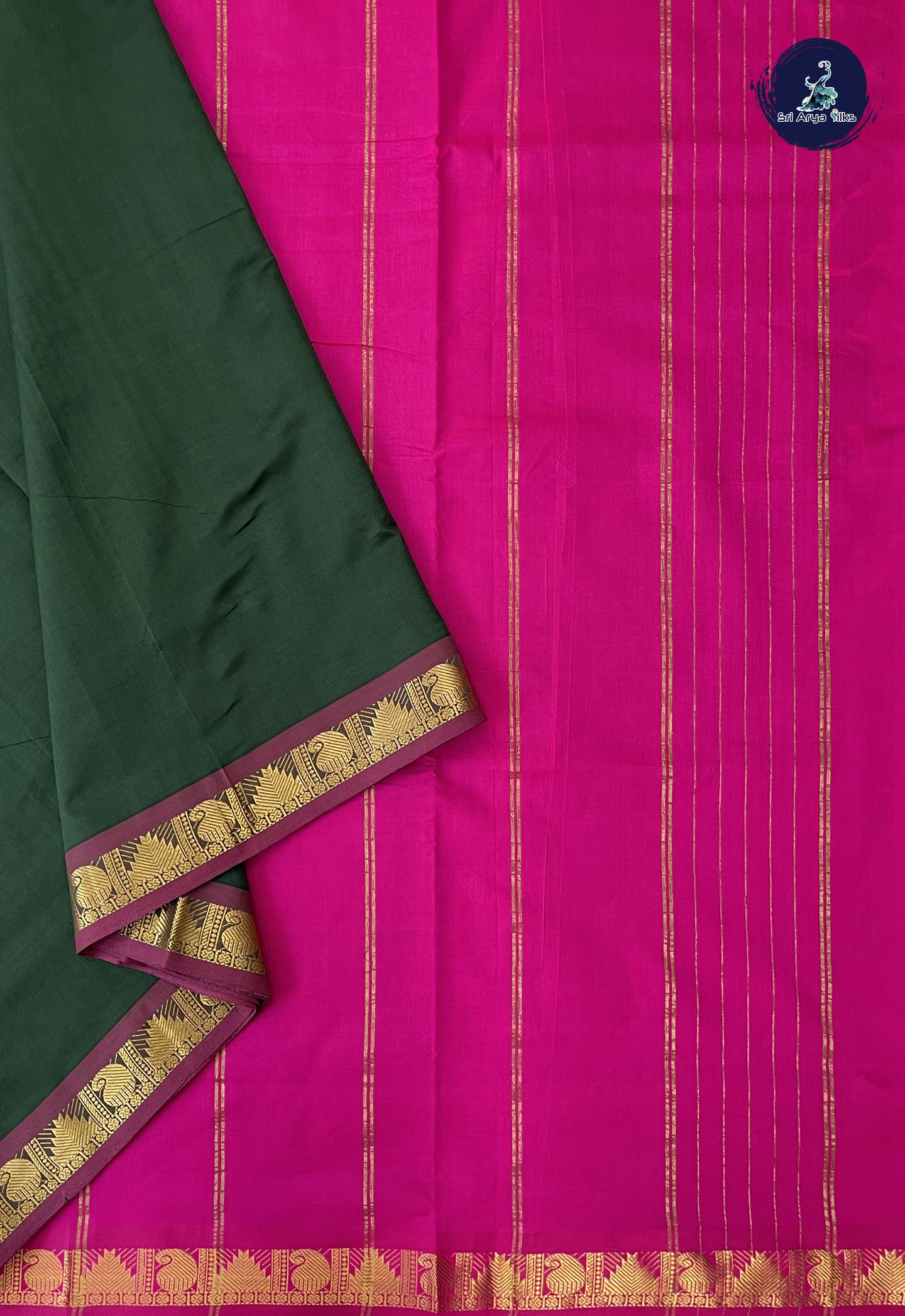 Dark Green Madisar Semi Silk Cotton Saree With Plain Pattern