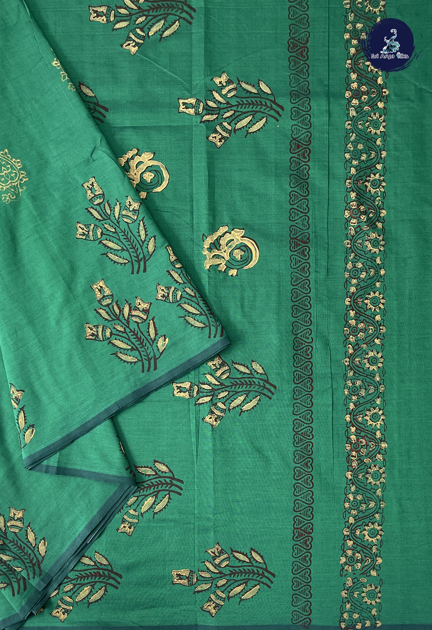 Dark Green Madisar Semi Silk Cotton Saree With Printed Pattern