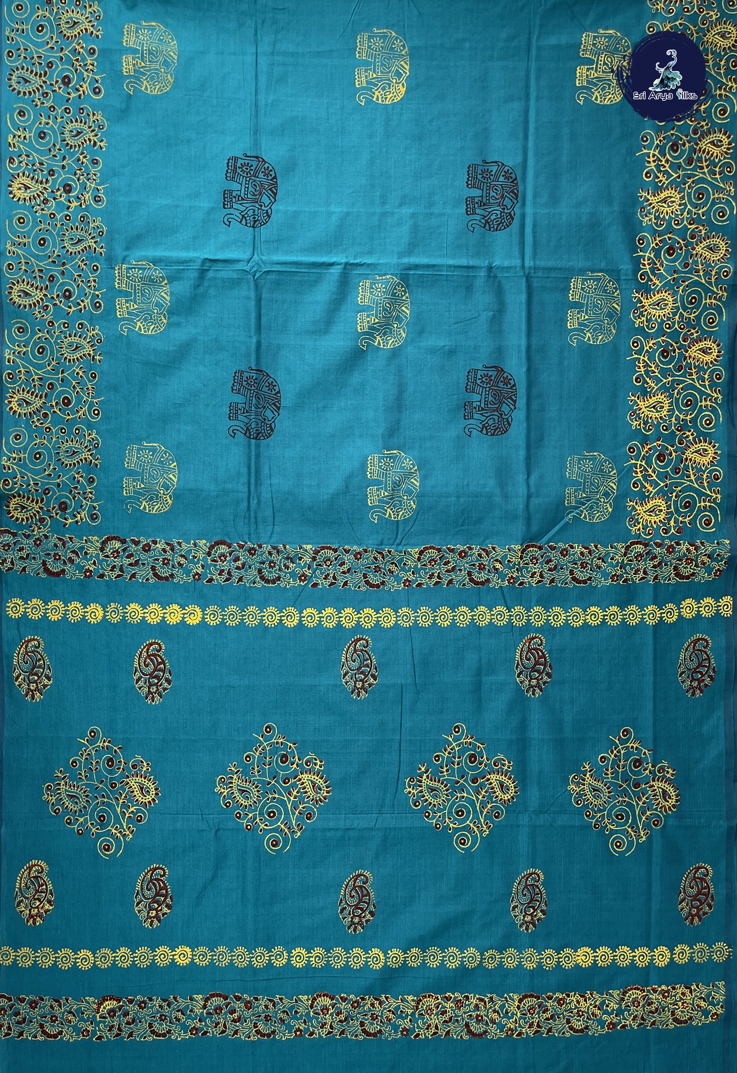 Peacock Green Madisar Semi Silk Cotton Saree With Printed Pattern