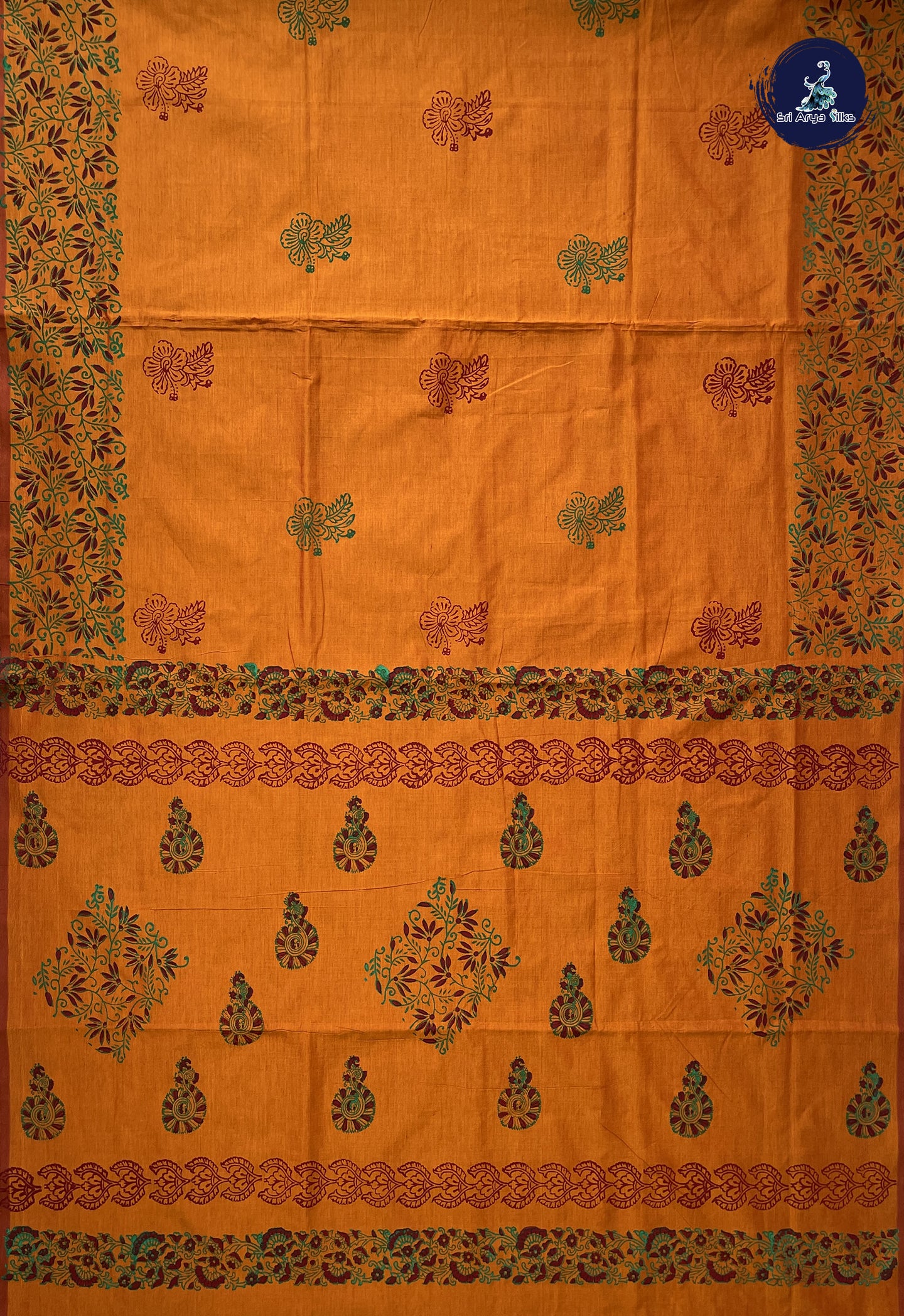 Lite Mustard Orange Madisar Semi Silk Cotton Saree With Printed Pattern