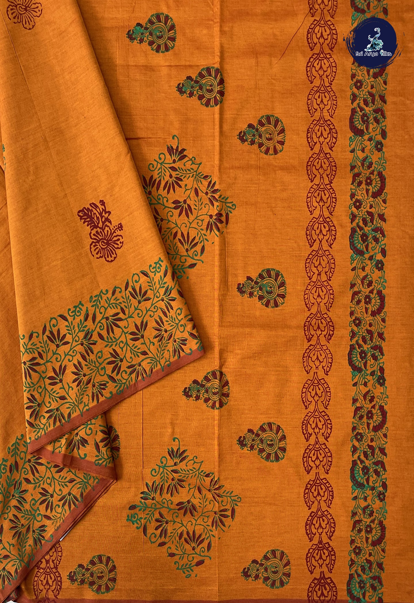Lite Mustard Orange Madisar Semi Silk Cotton Saree With Printed Pattern
