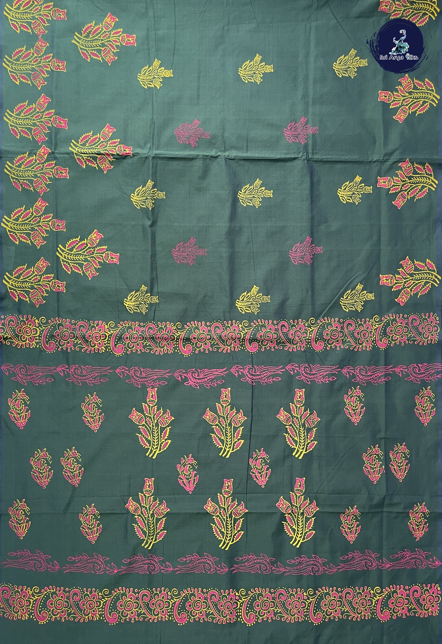 Dark Green Madisar Semi Silk Cotton Saree With Printed Pattern