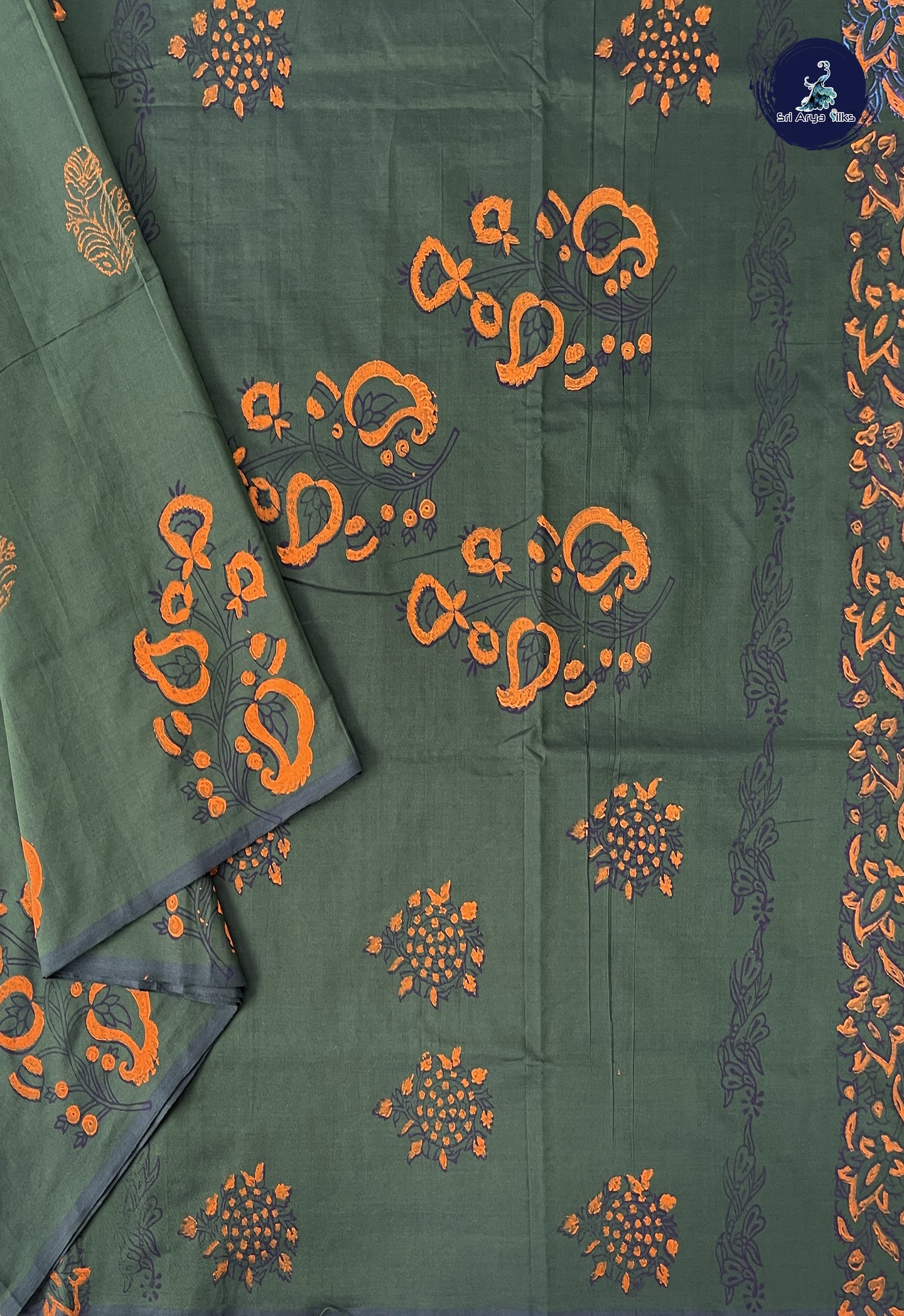 Dark Green Madisar Semi Silk Cotton Saree With Printed Pattern