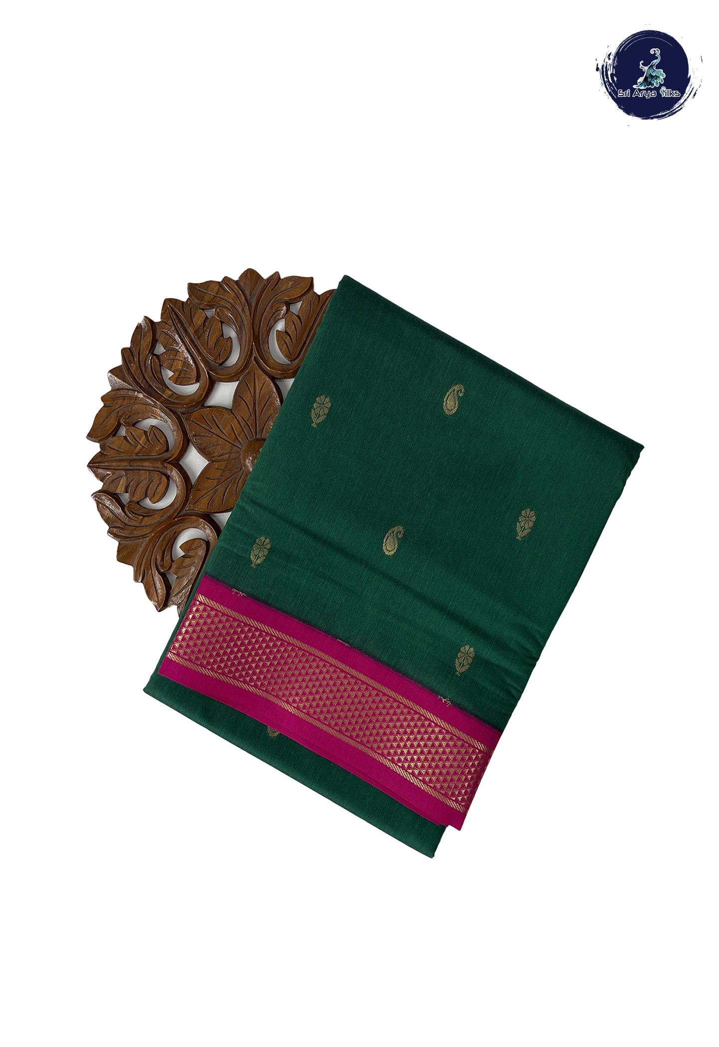 Dark Green Madisar Semi Silk Cotton Saree With Zari Buttas Pattern