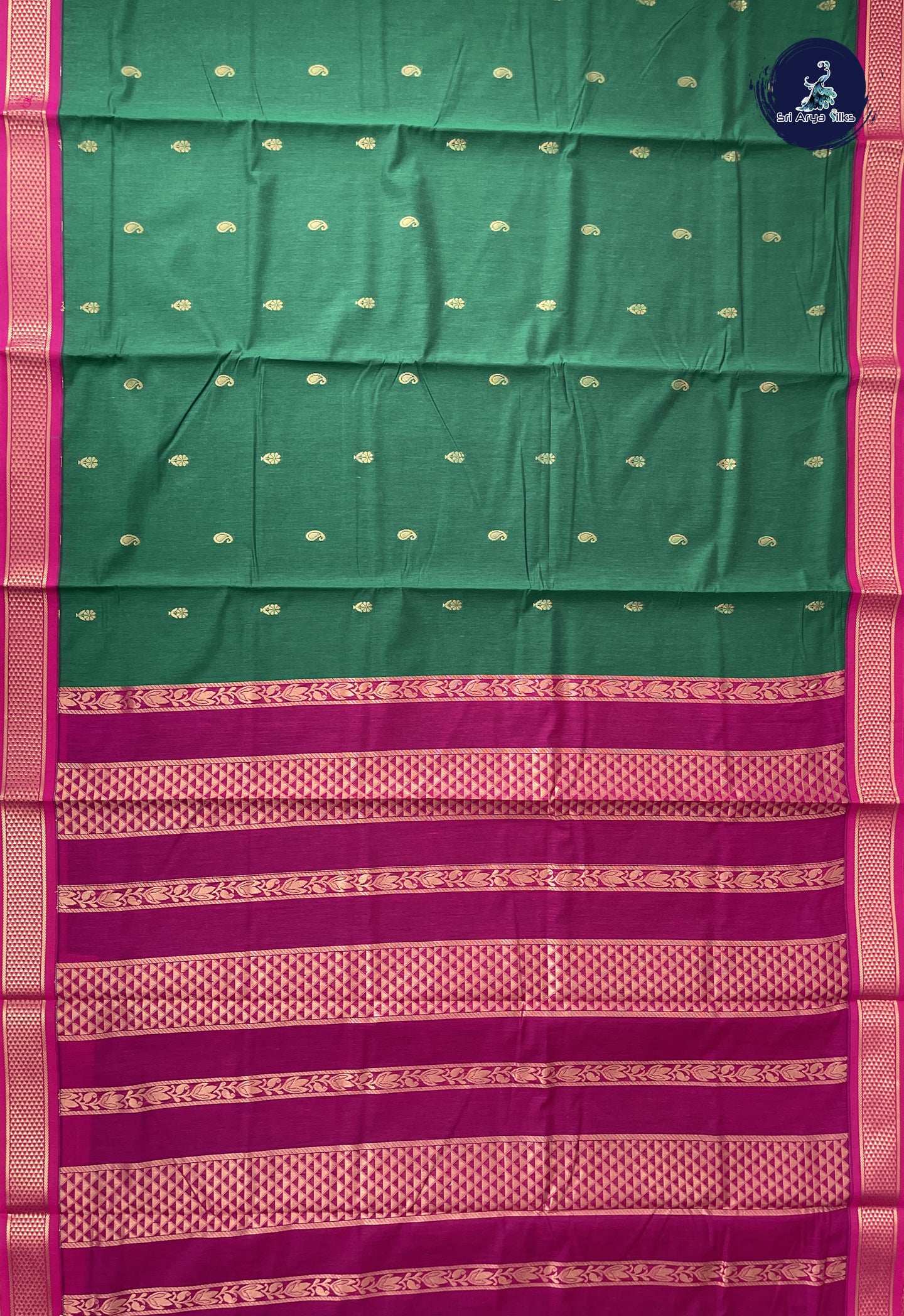 Dark Green Madisar Semi Silk Cotton Saree With Zari Buttas Pattern