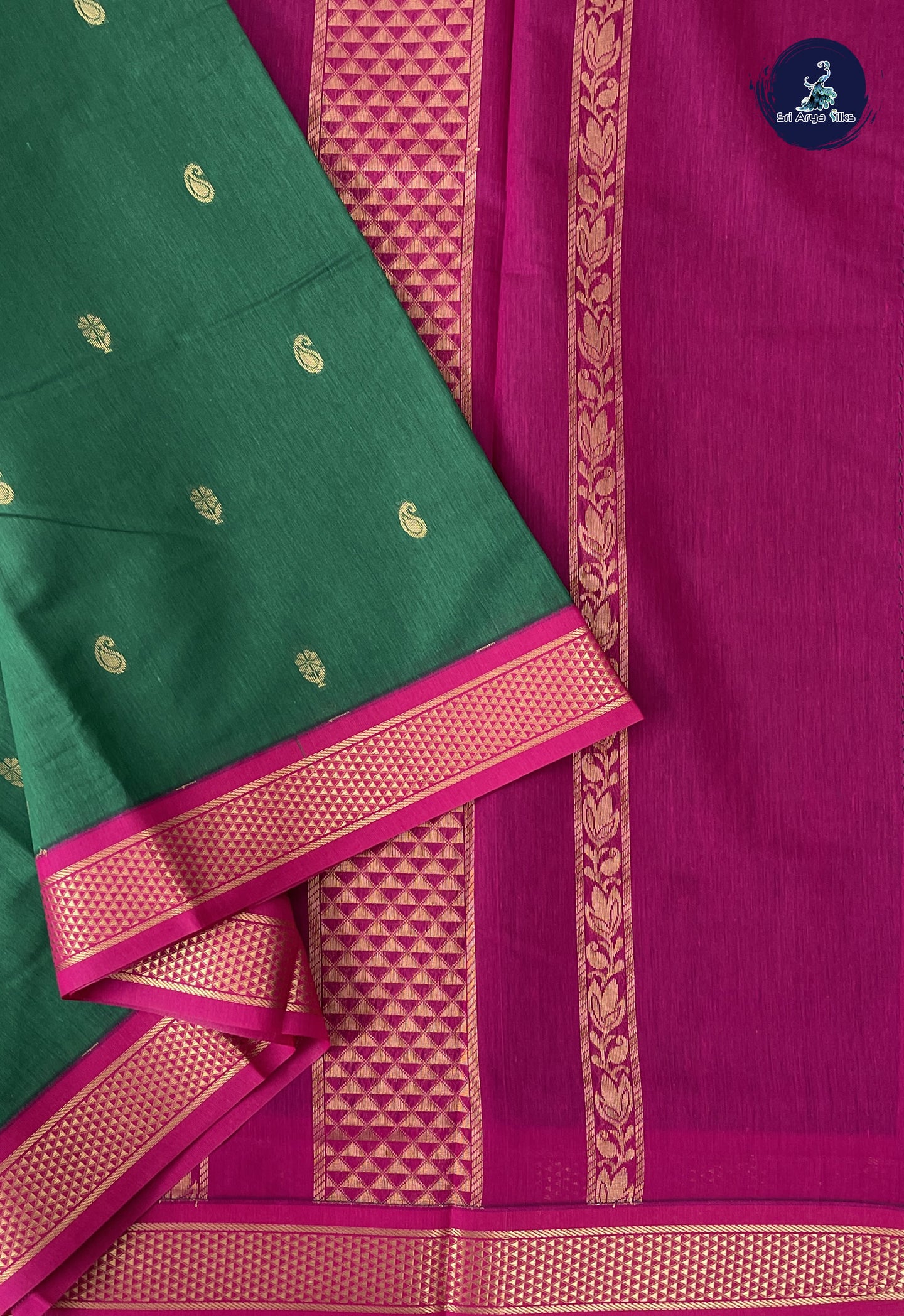 Dark Green Madisar Semi Silk Cotton Saree With Zari Buttas Pattern