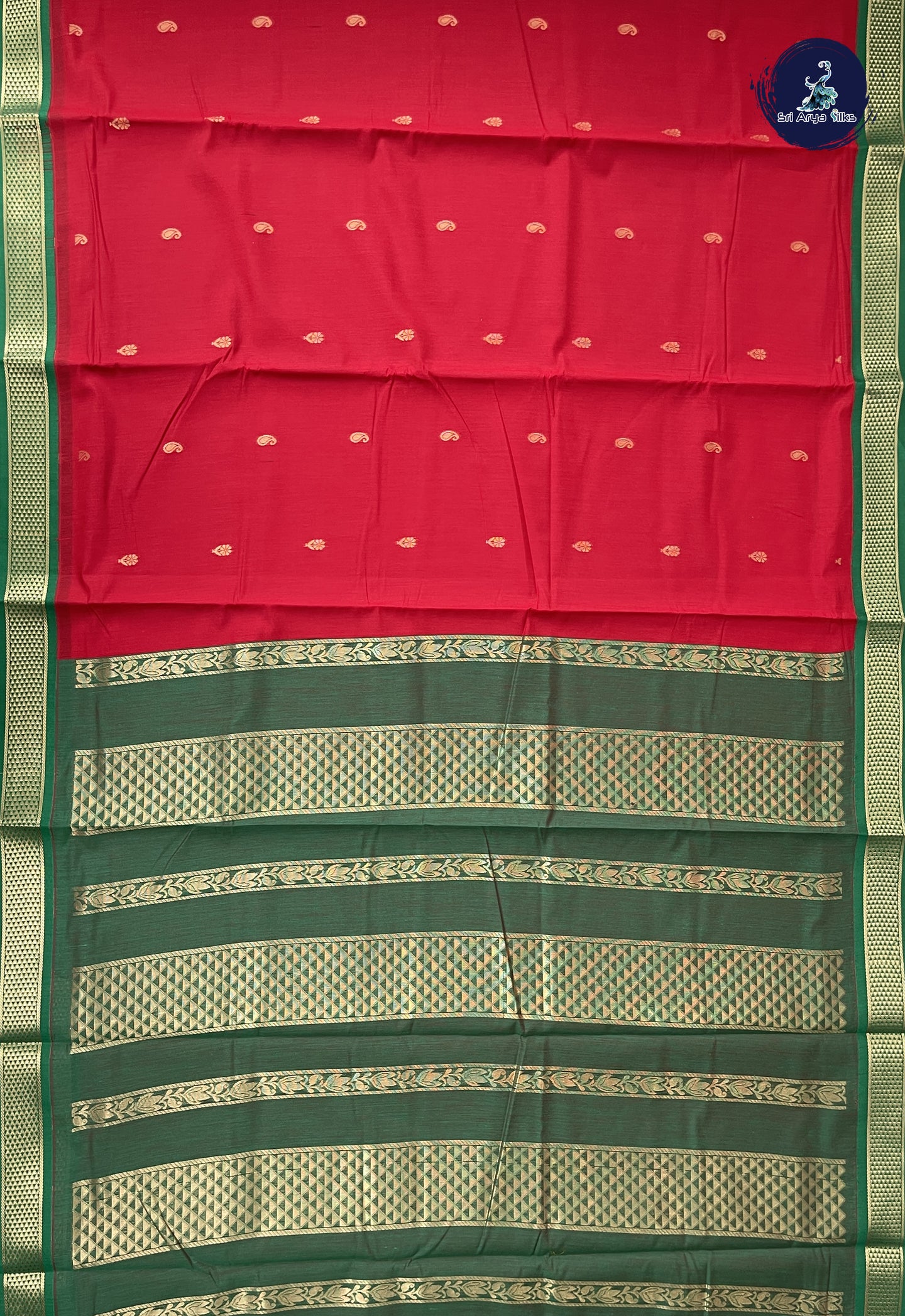 Red Madisar Semi Silk Cotton Saree With Zari Buttas Pattern