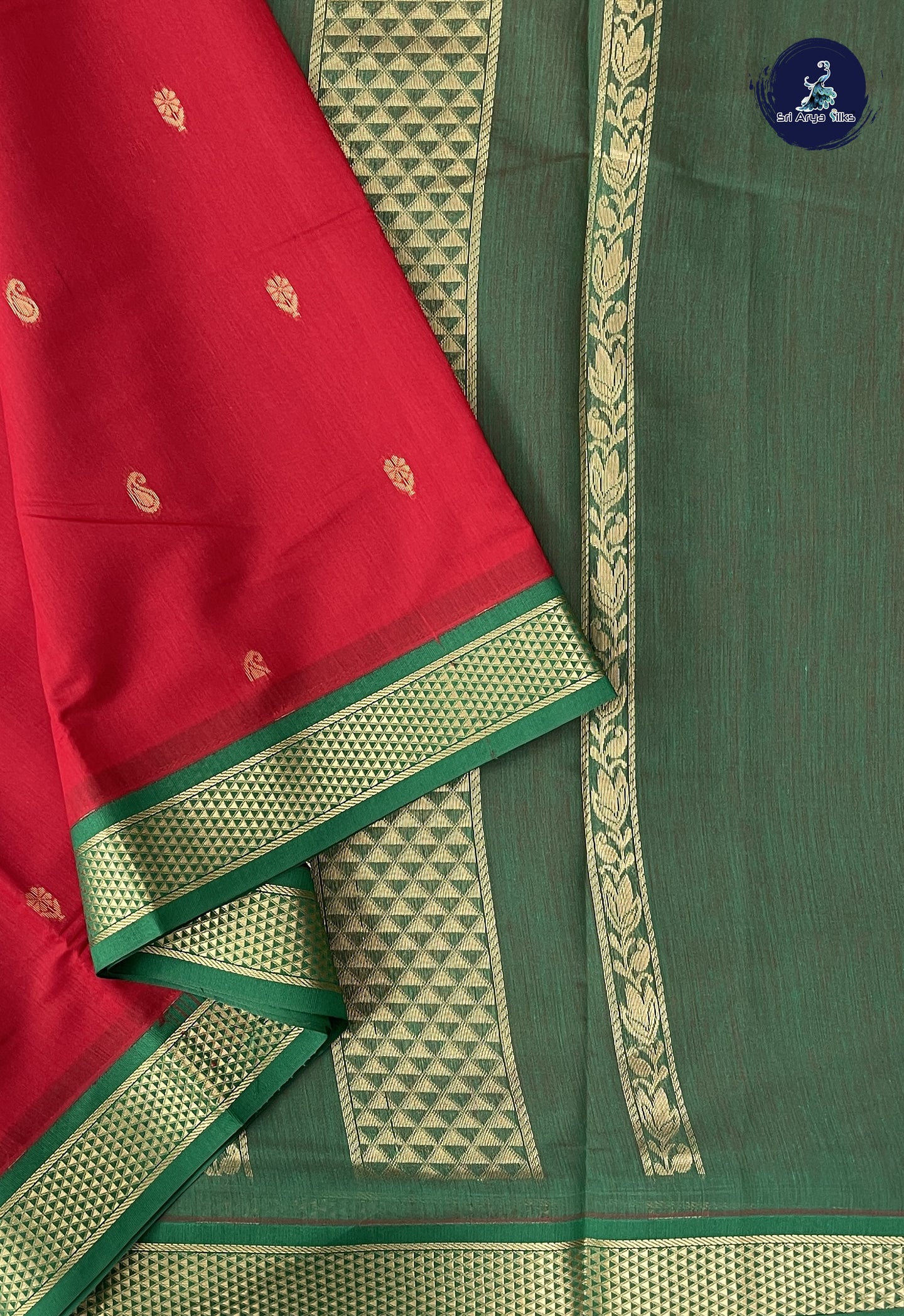 Red Madisar Semi Silk Cotton Saree With Zari Buttas Pattern