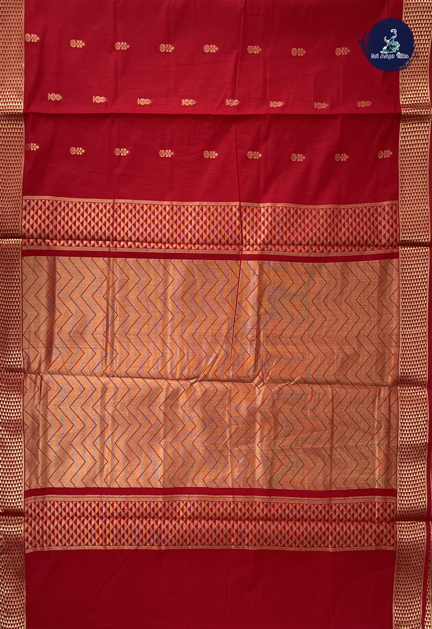Red Madisar Semi Silk Cotton Saree With Zari Buttas Pattern