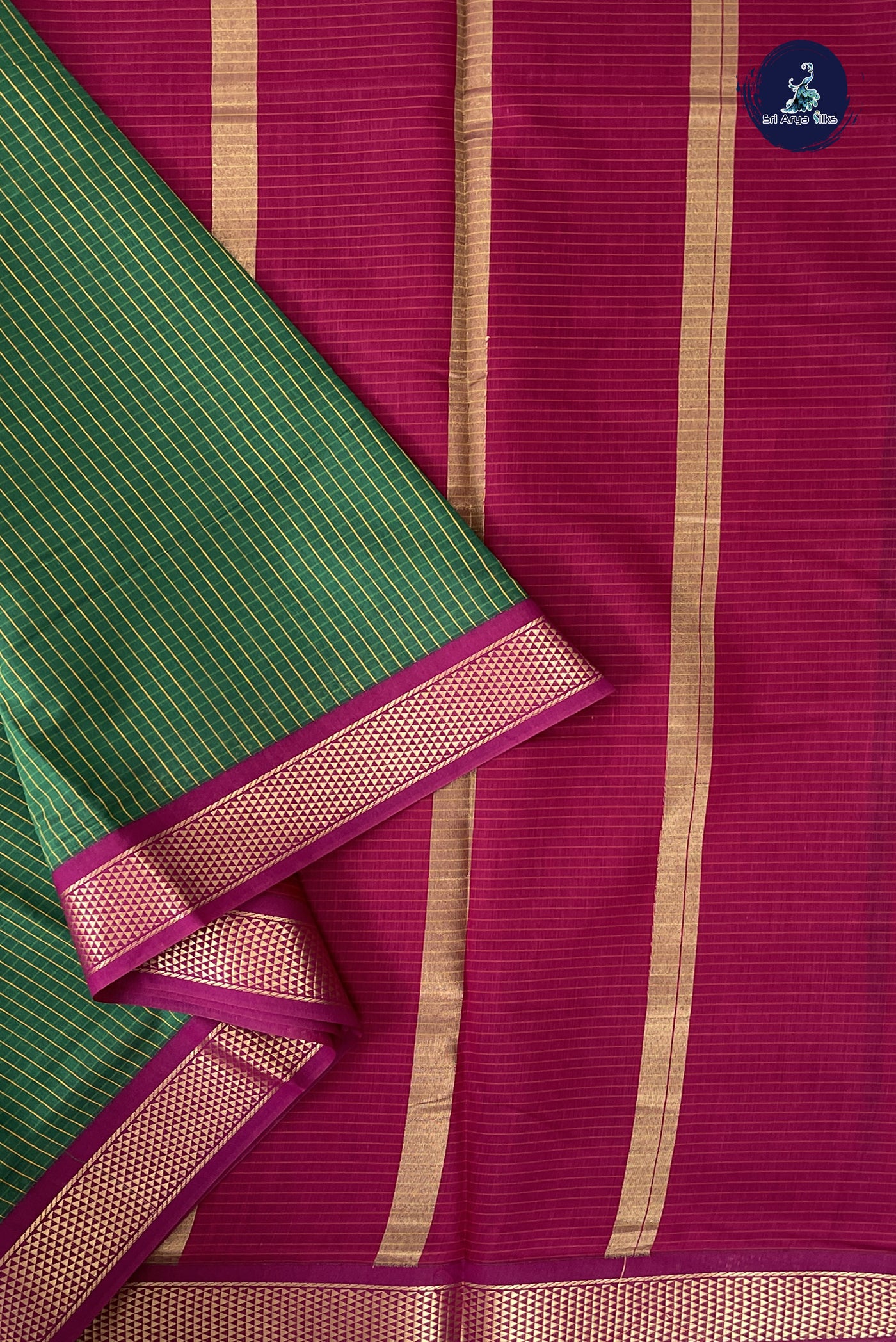 Dark Green Madisar Semi Silk Cotton Saree With Checked Pattern